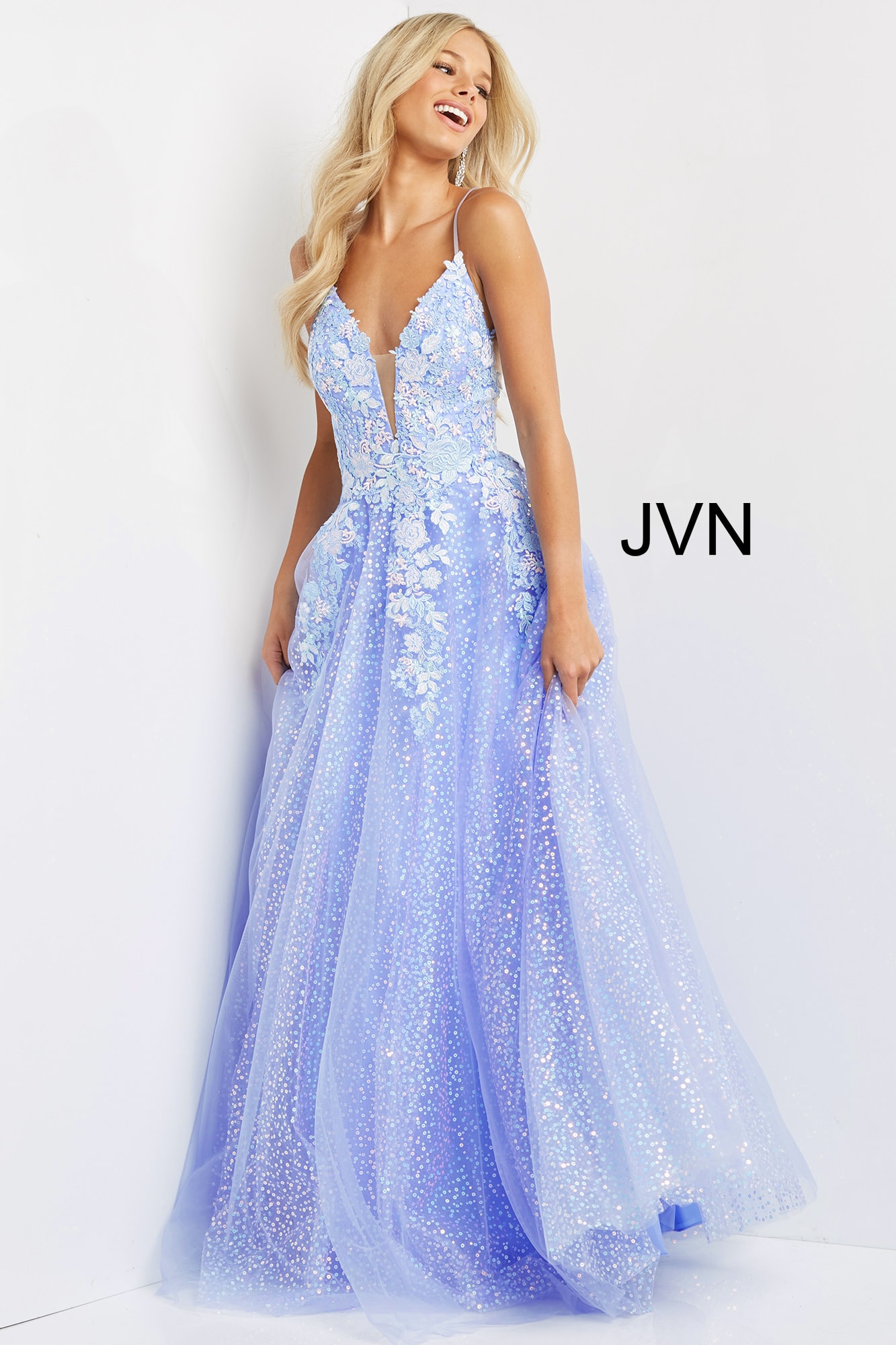 JVN07252 | Perri Spaghetti Straps Plunging Neckline Prom Dress