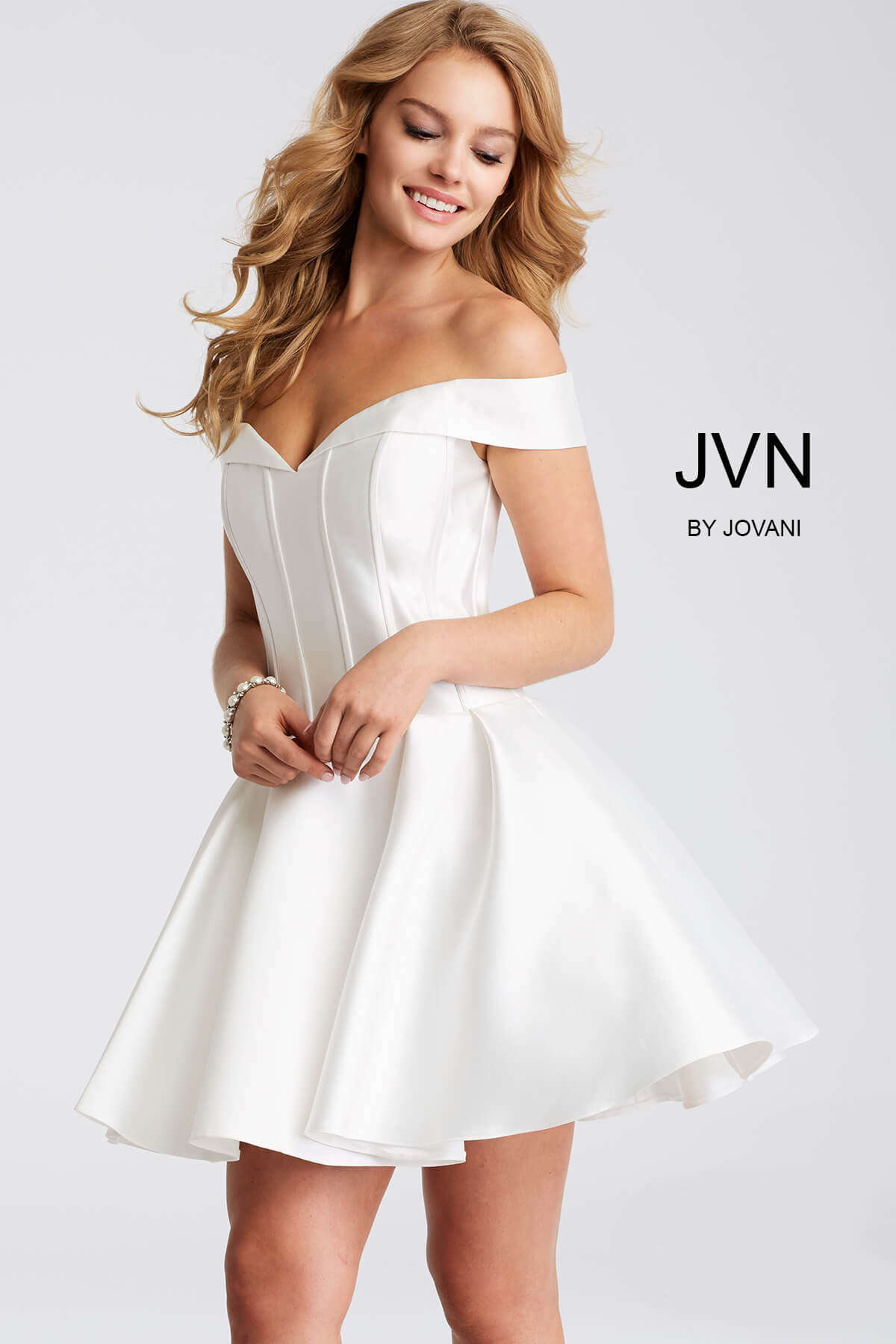 White corset off the shoulder bodice fit and flare short dress.