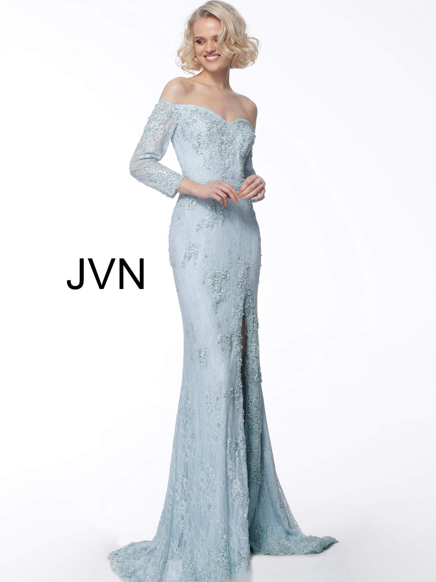 light blue formal dress with sleeves
