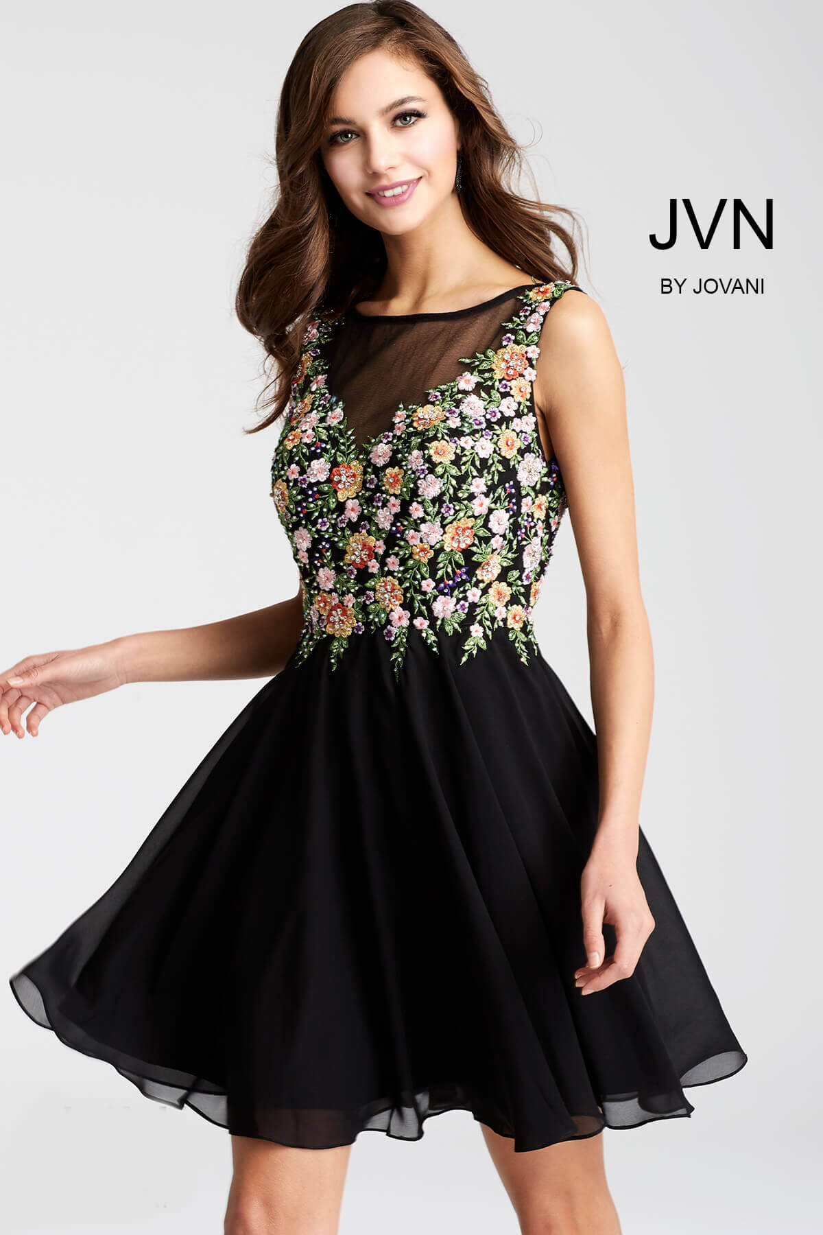 Black multi embroidered fit and flare sheer neckline short dress.