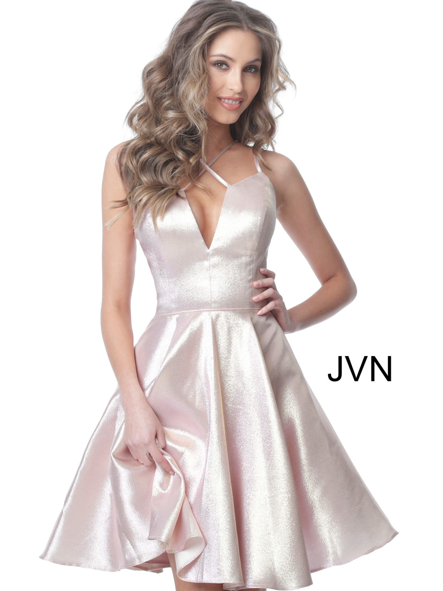 JVN3780 Dress | Blush short fit and flare open back cocktail dress
