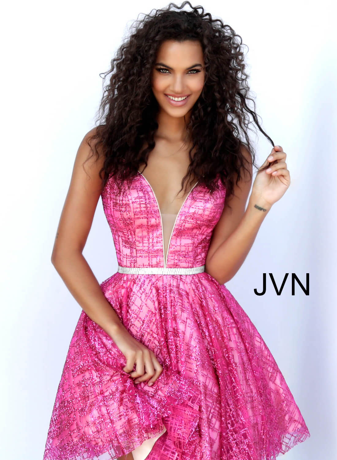 JVN62512 Dress |Fuchsia short fit and flare glitter hoco dress