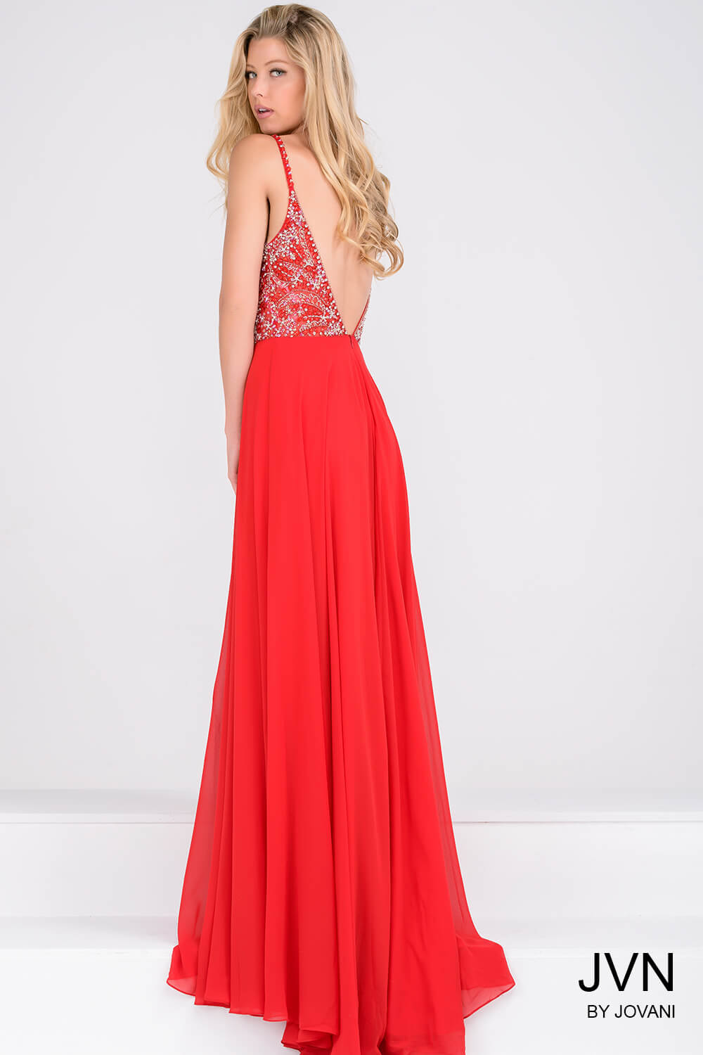 JVN33701 Dress Red Chiffon Dress with Beaded Bodice
