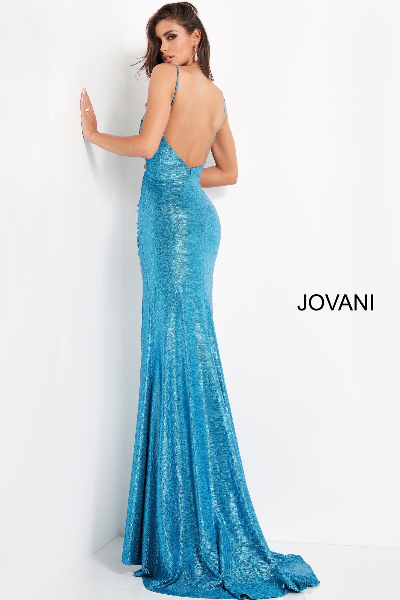 Jvn 06368 | Turquoise Ruched Waist Metallic Prom Dress