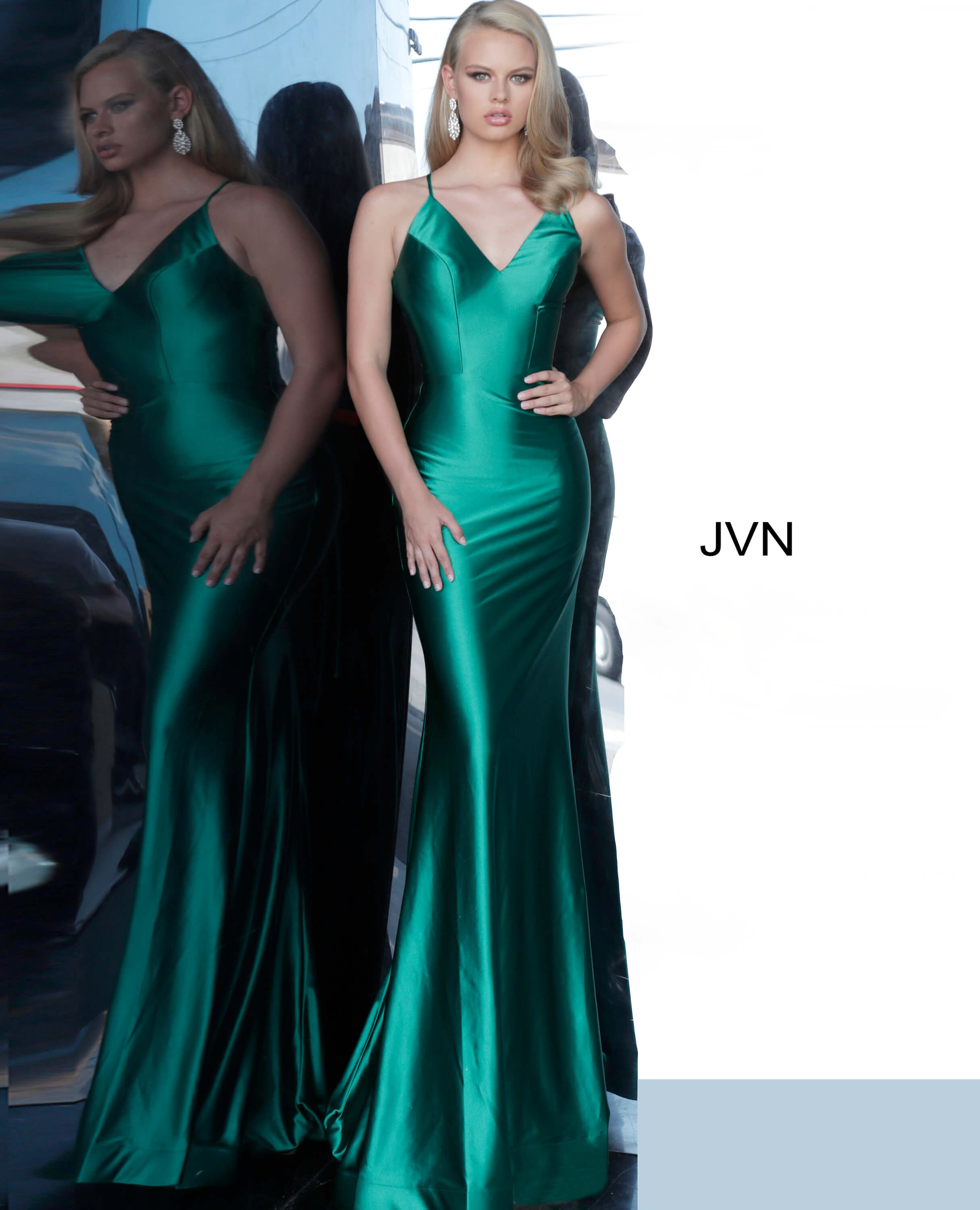 JVN00878 Dress | Green Fitted Satin Spaghetti Straps Dress