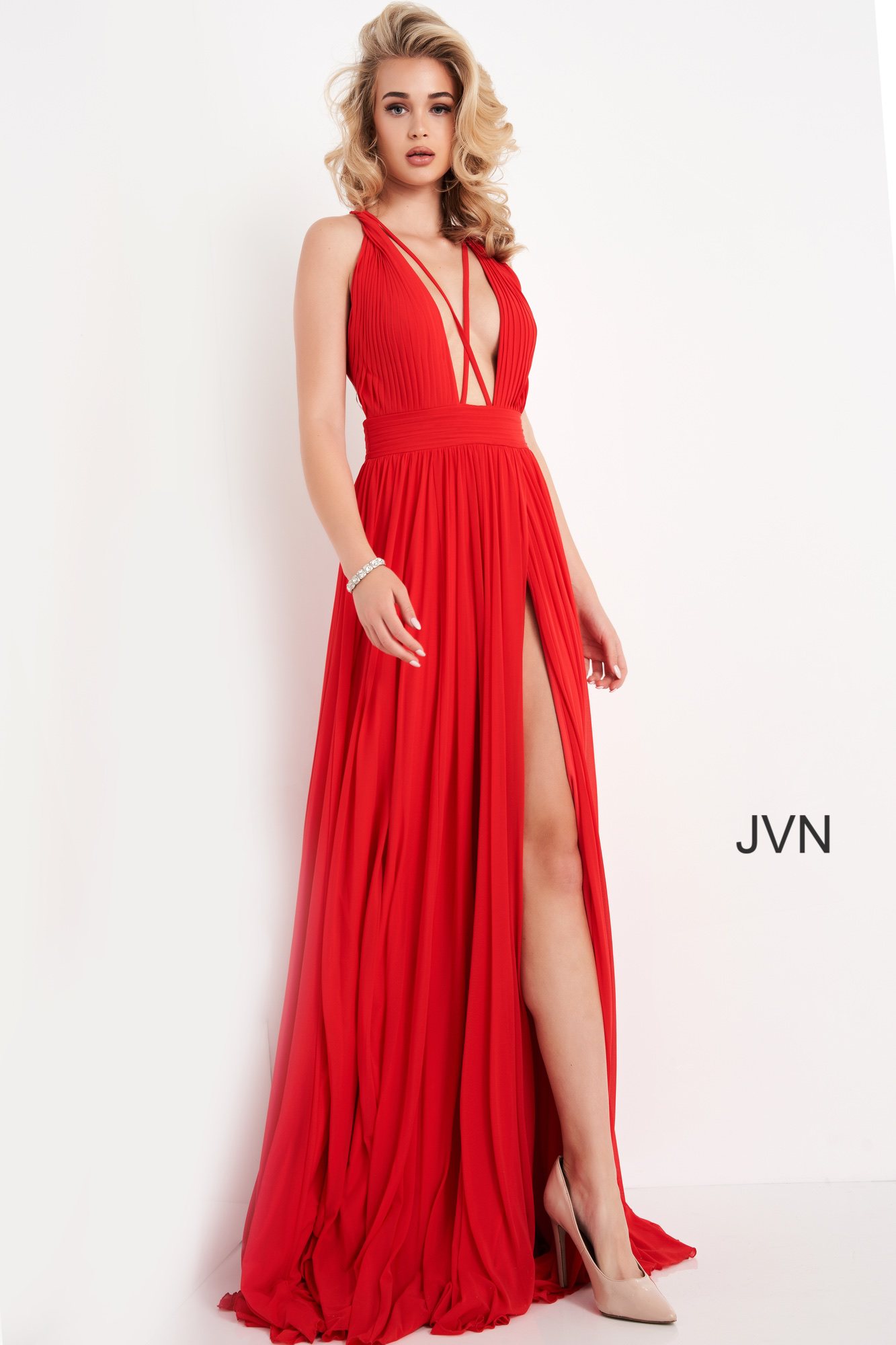 JVN01022 | Red Mesh Open Back Maxi Prom Dress