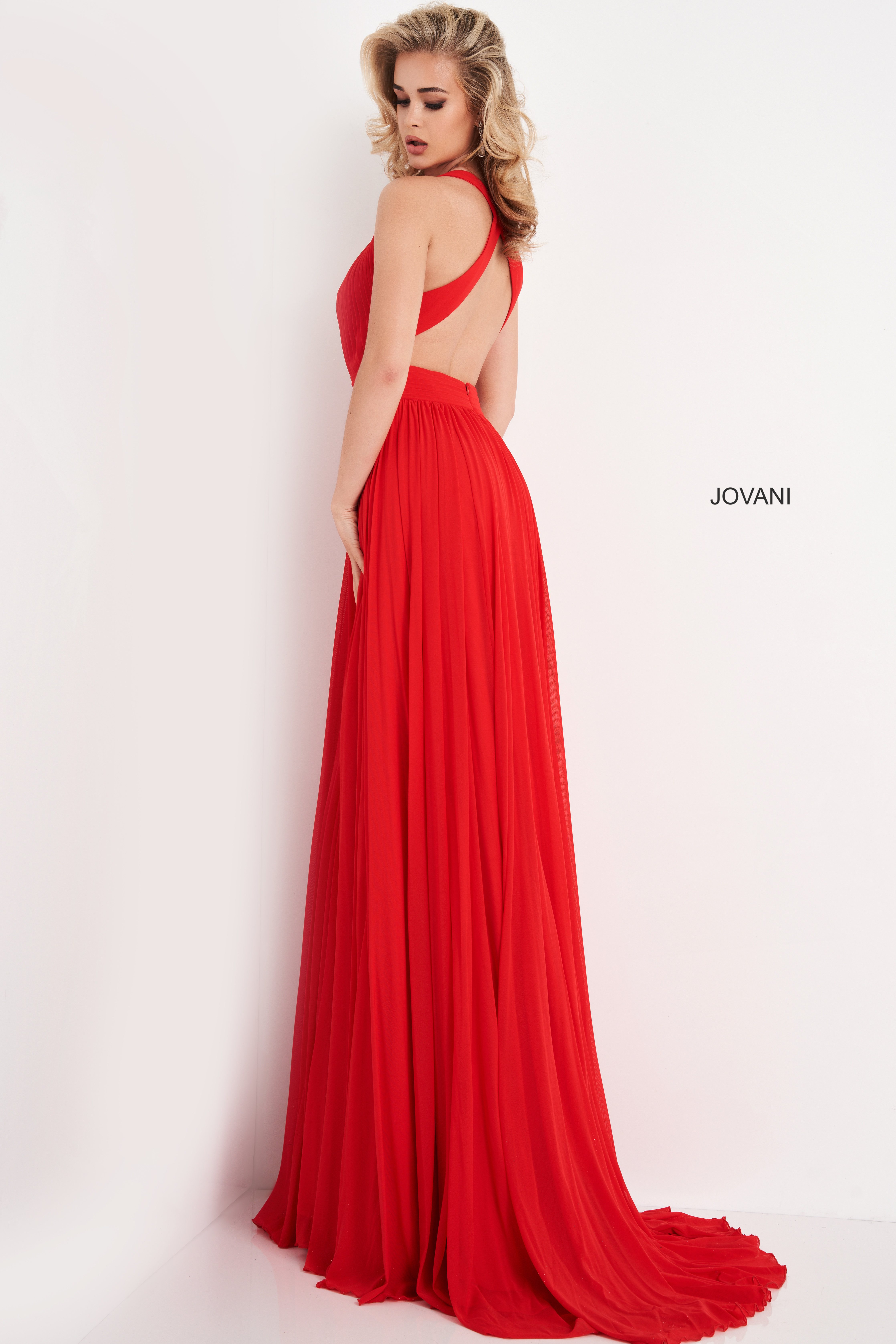 JVN01022 | Red Mesh Open Back Maxi Prom Dress