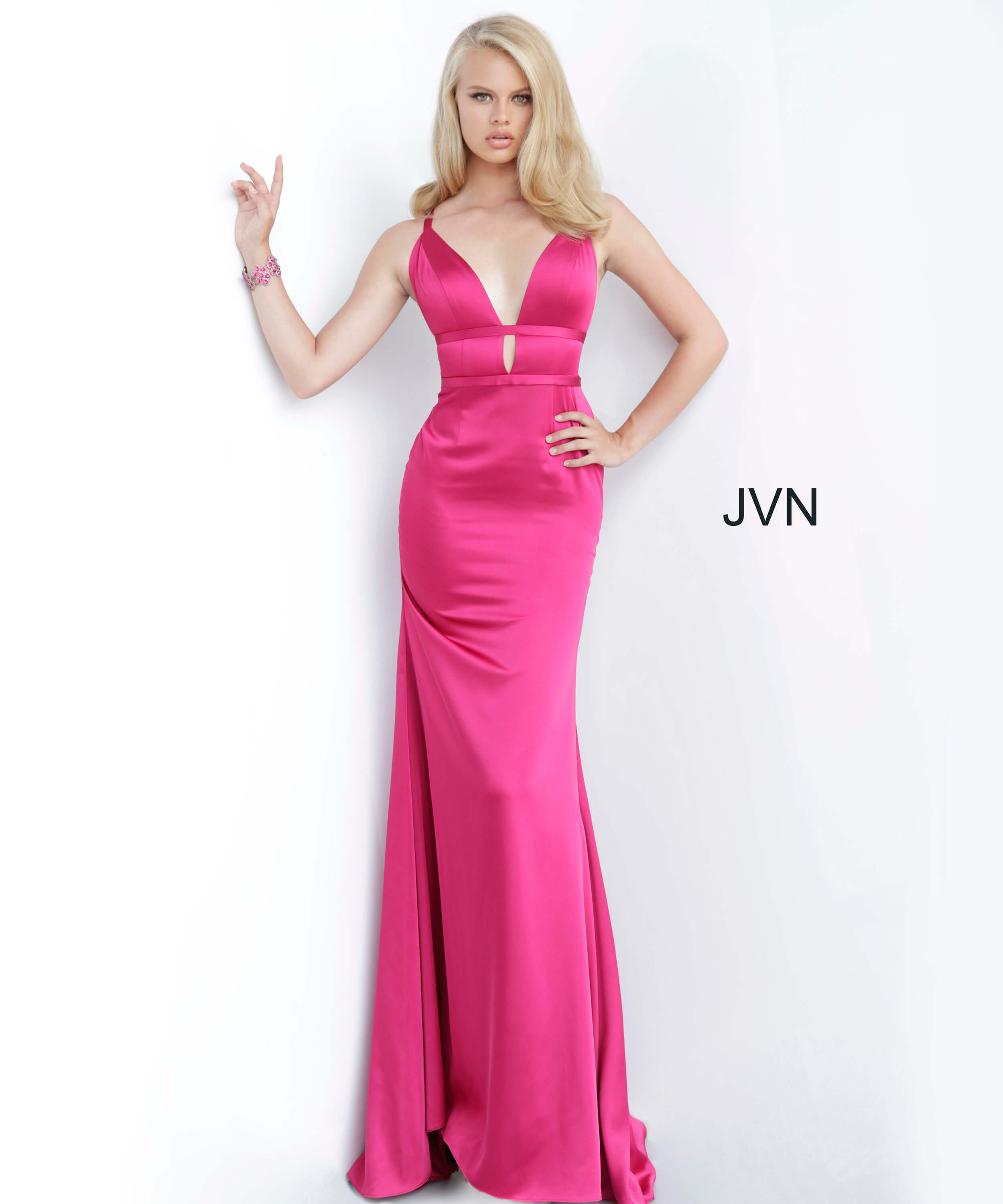 JVN02044 Dress| JVN Magenta Plunging Neckline Open Back Prom Dress