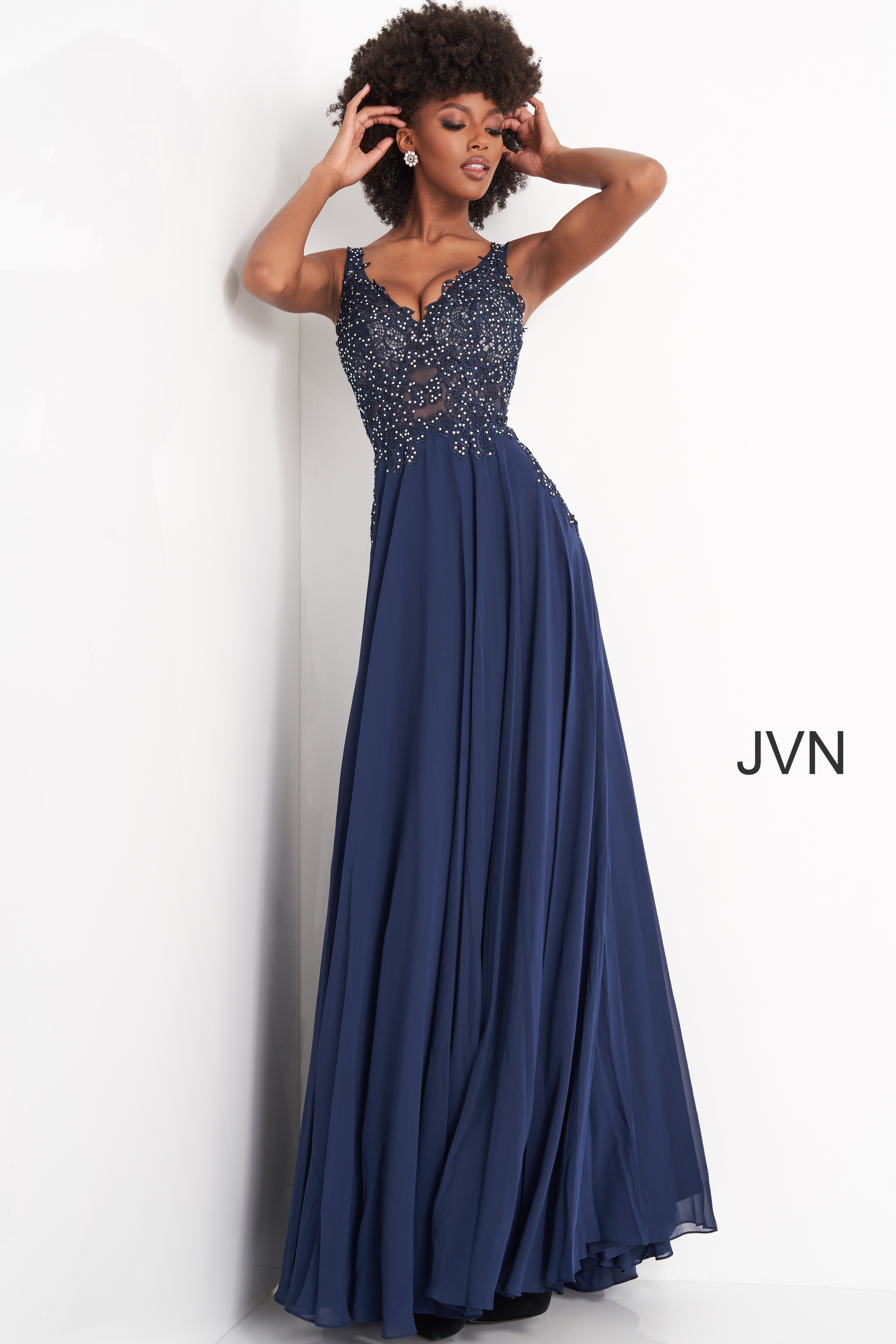 JVN02308 Dress | JVN Off White Sheer Embroidered Bodice Prom Dress