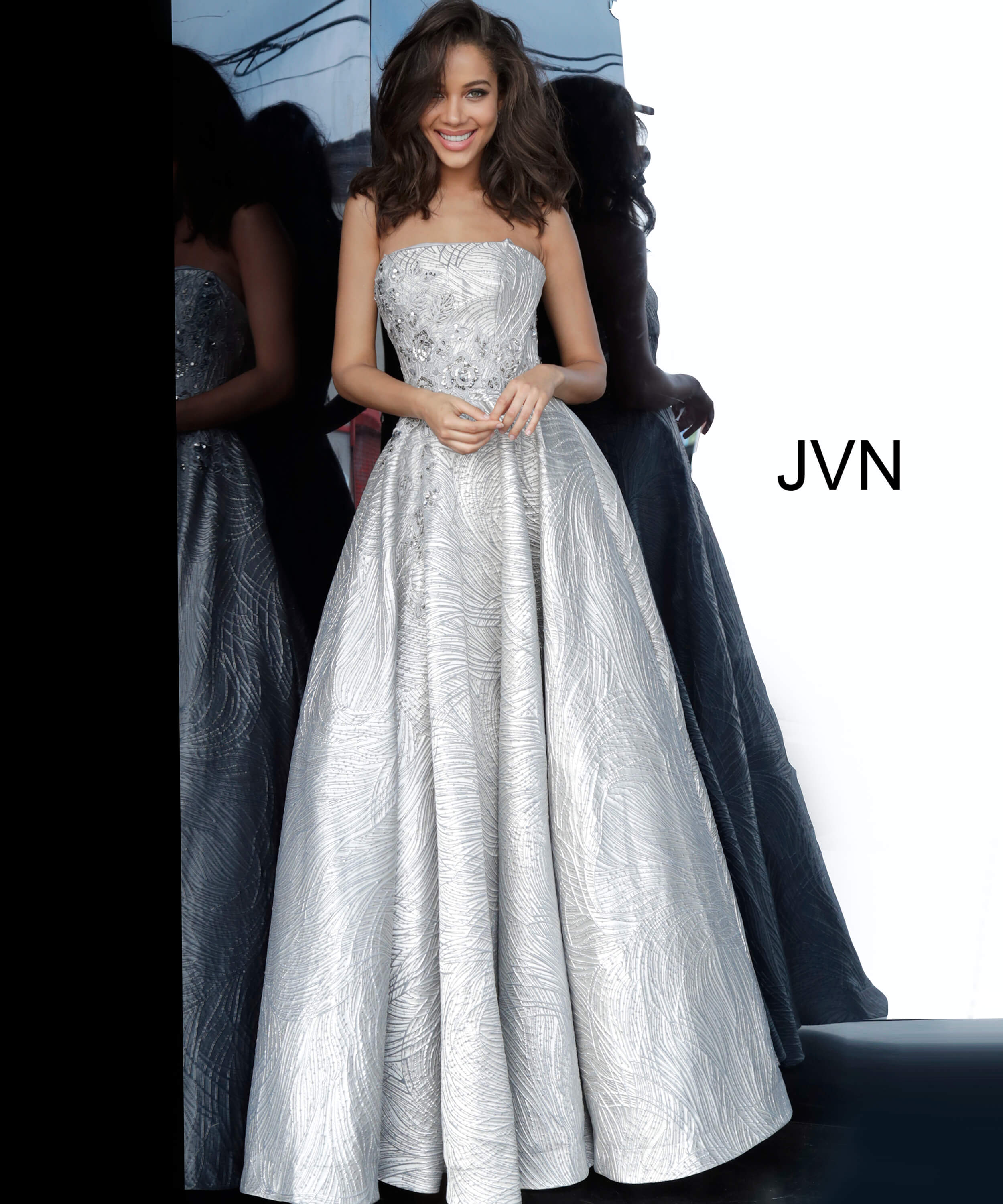 JVN Silver A Line Strapless Prom Gown