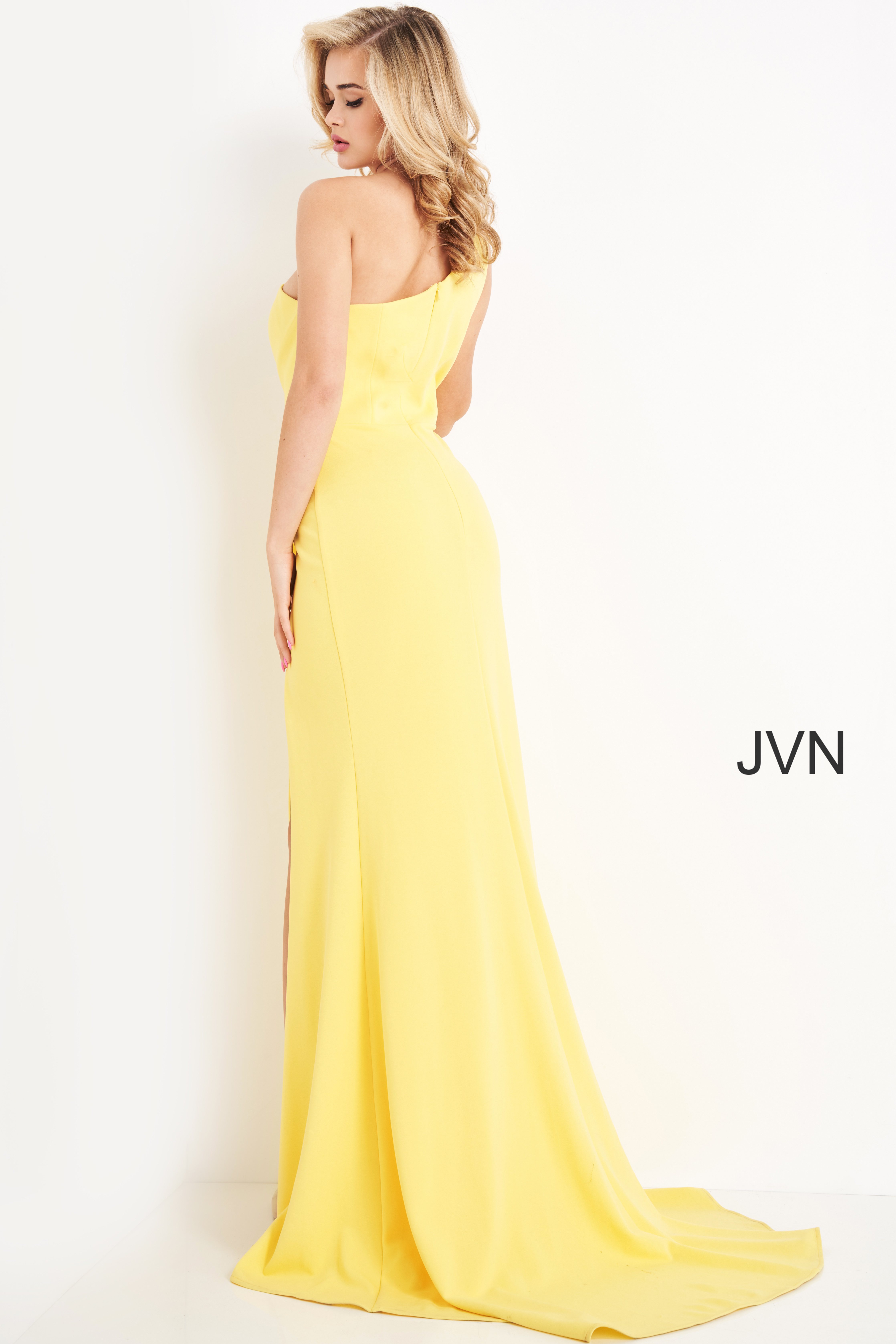 JVN03140 | Yellow One Shoulder Bow Sheath Prom Dress