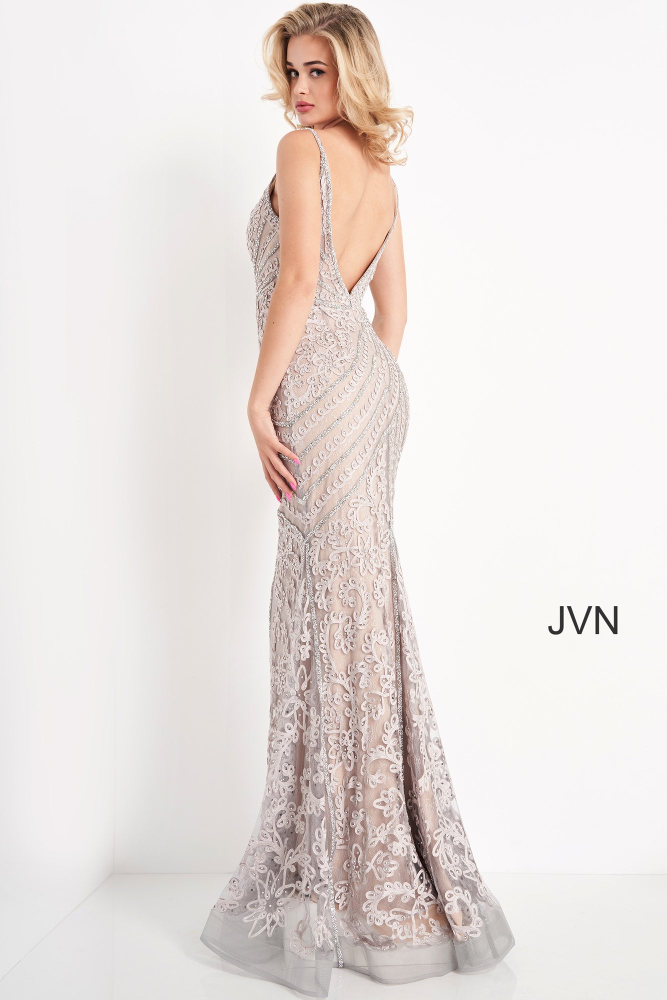 JVN04514 | Grey Nude Long Fitted Embroidered Evening Dress