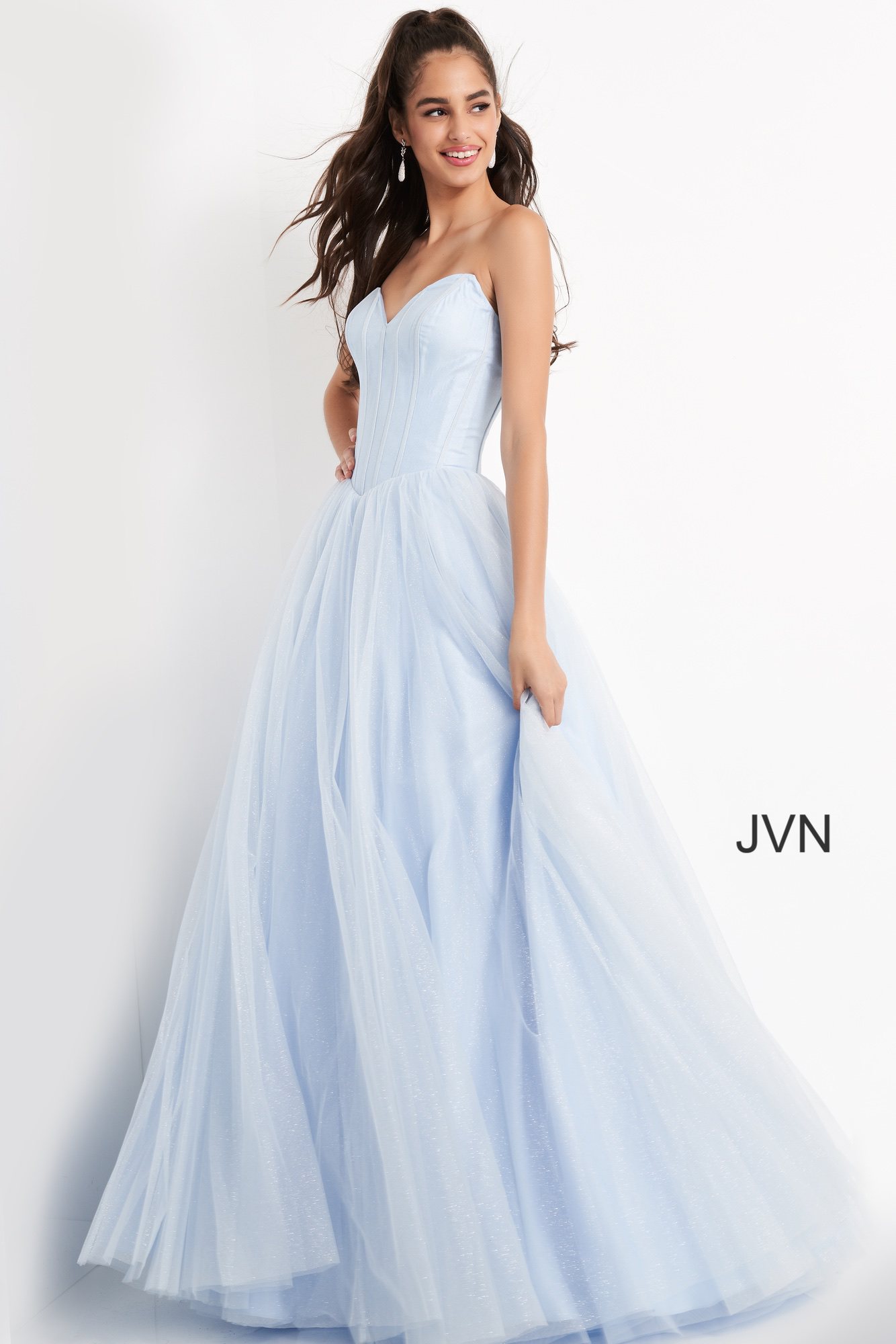 JVN04592 | Light Blue Strapless V neck Tulle Prom Ballgown