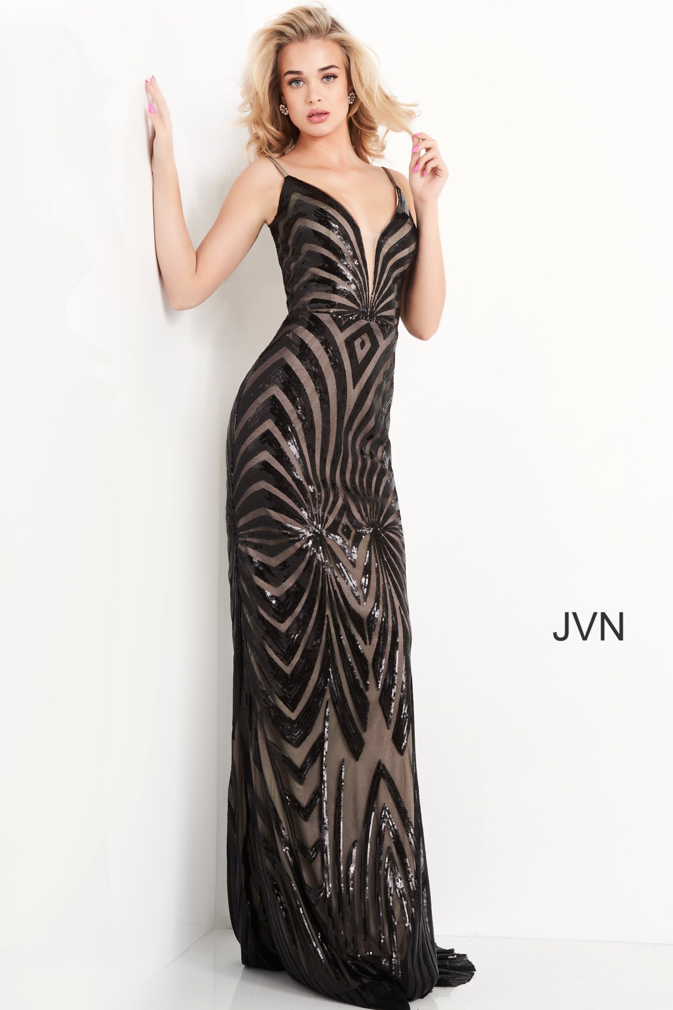 JVN04776 | Black Nude Spaghetti Strap Sequin Prom Dress