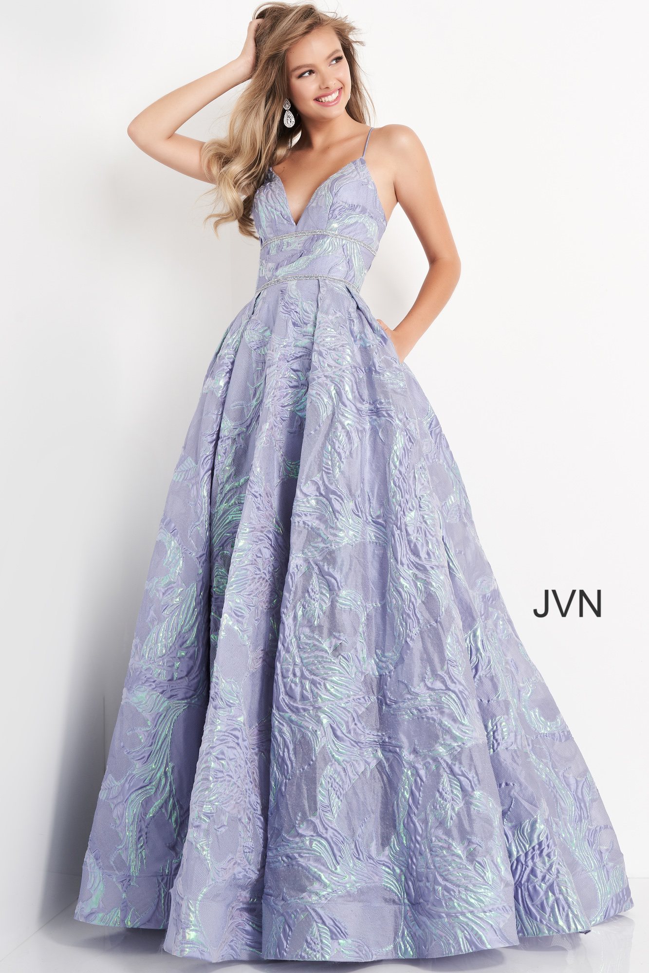 JVN05738 | Perri High Waist Backless Jacquard Prom Ballgown