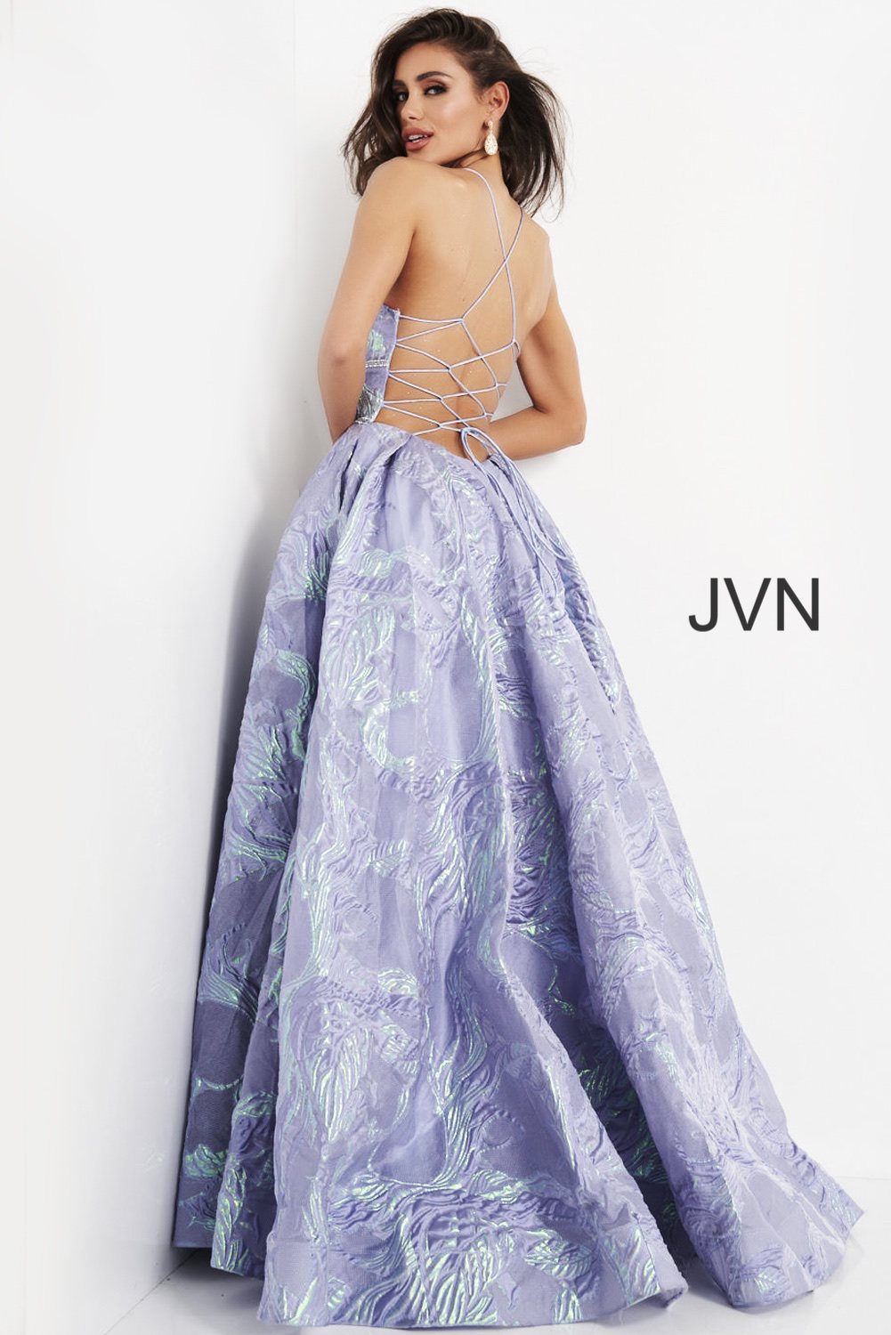 JVN05738 | Perri High Waist Backless Jacquard Prom Ballgown
