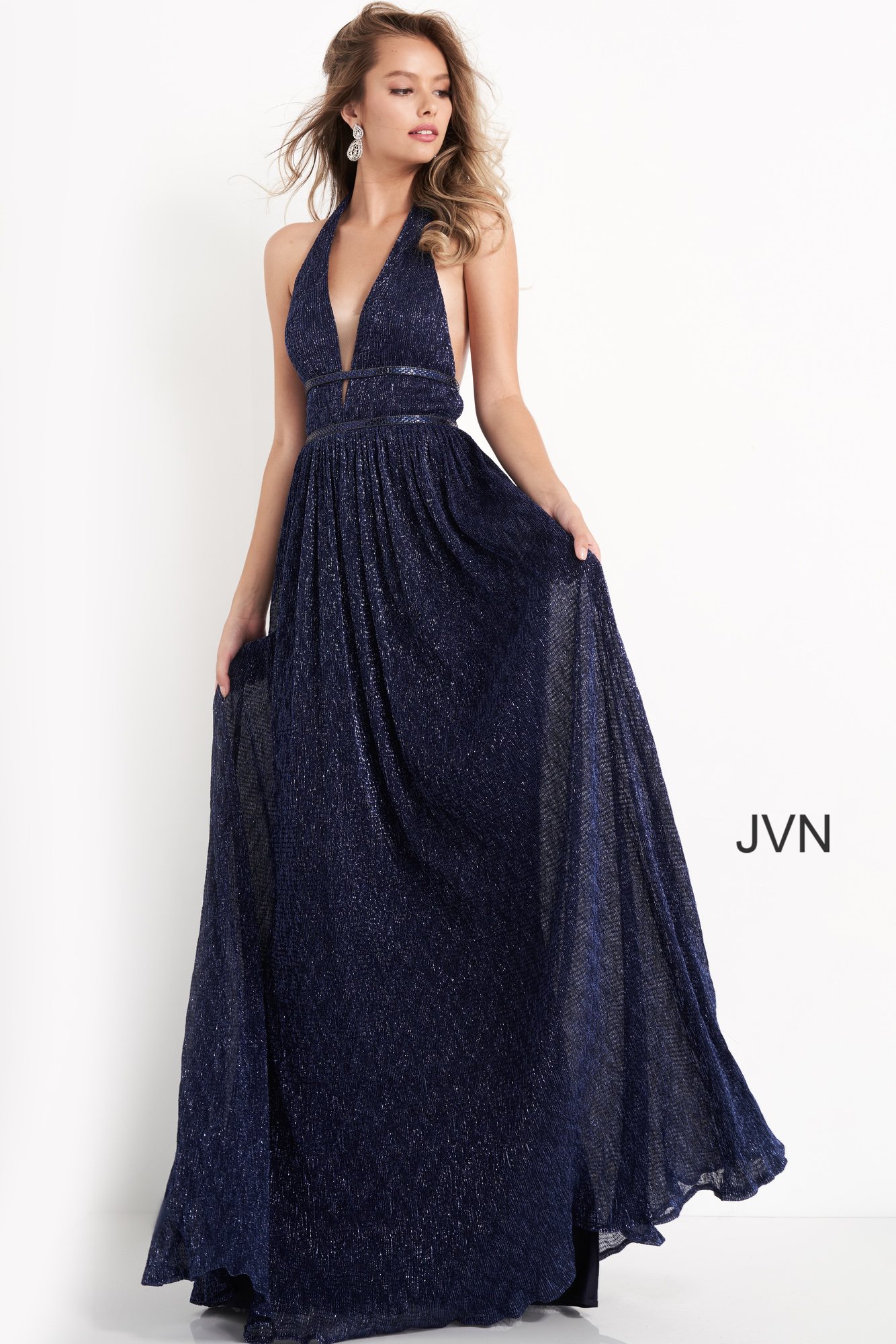 JVN05815 | Navy Backless Plunging Neckline Maxi Prom Dress