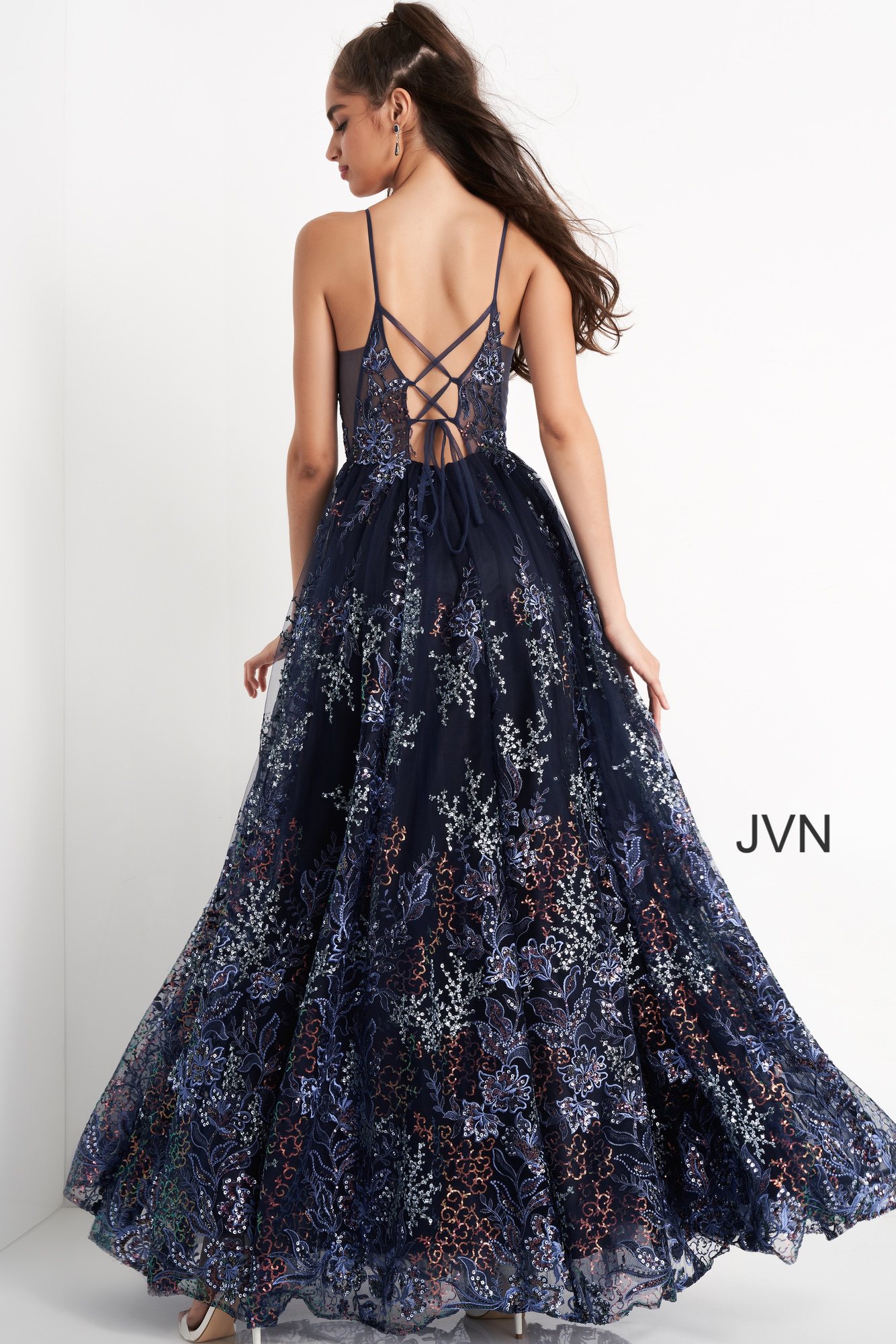 JVN06457 | Navy Embellished Tie Back Maxi Prom Dress