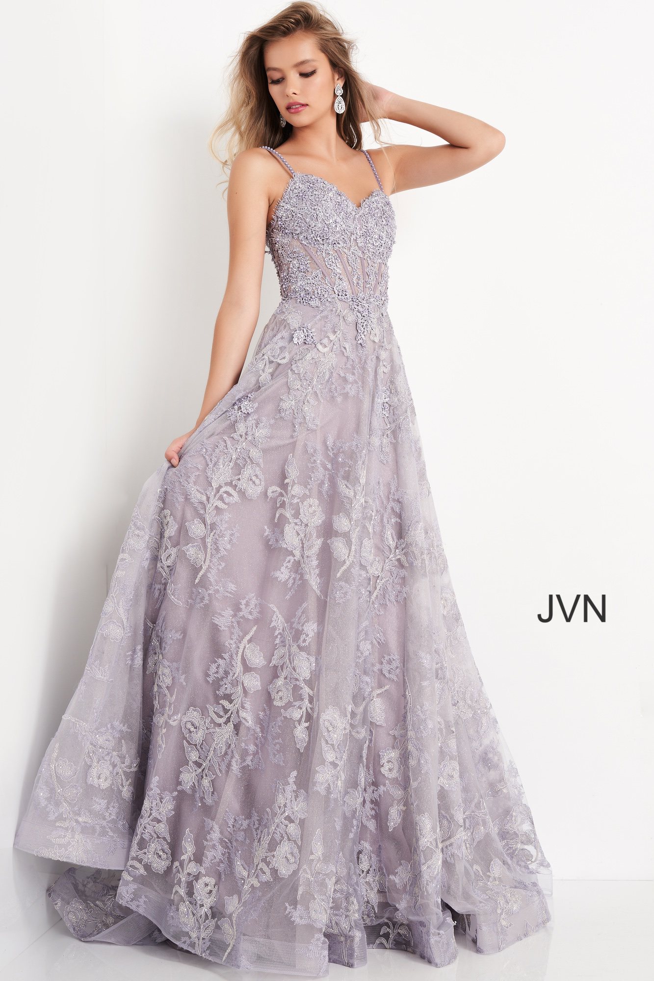 JVN06474 Lilac Corset Embroidered Bodice Maxi Prom Dress