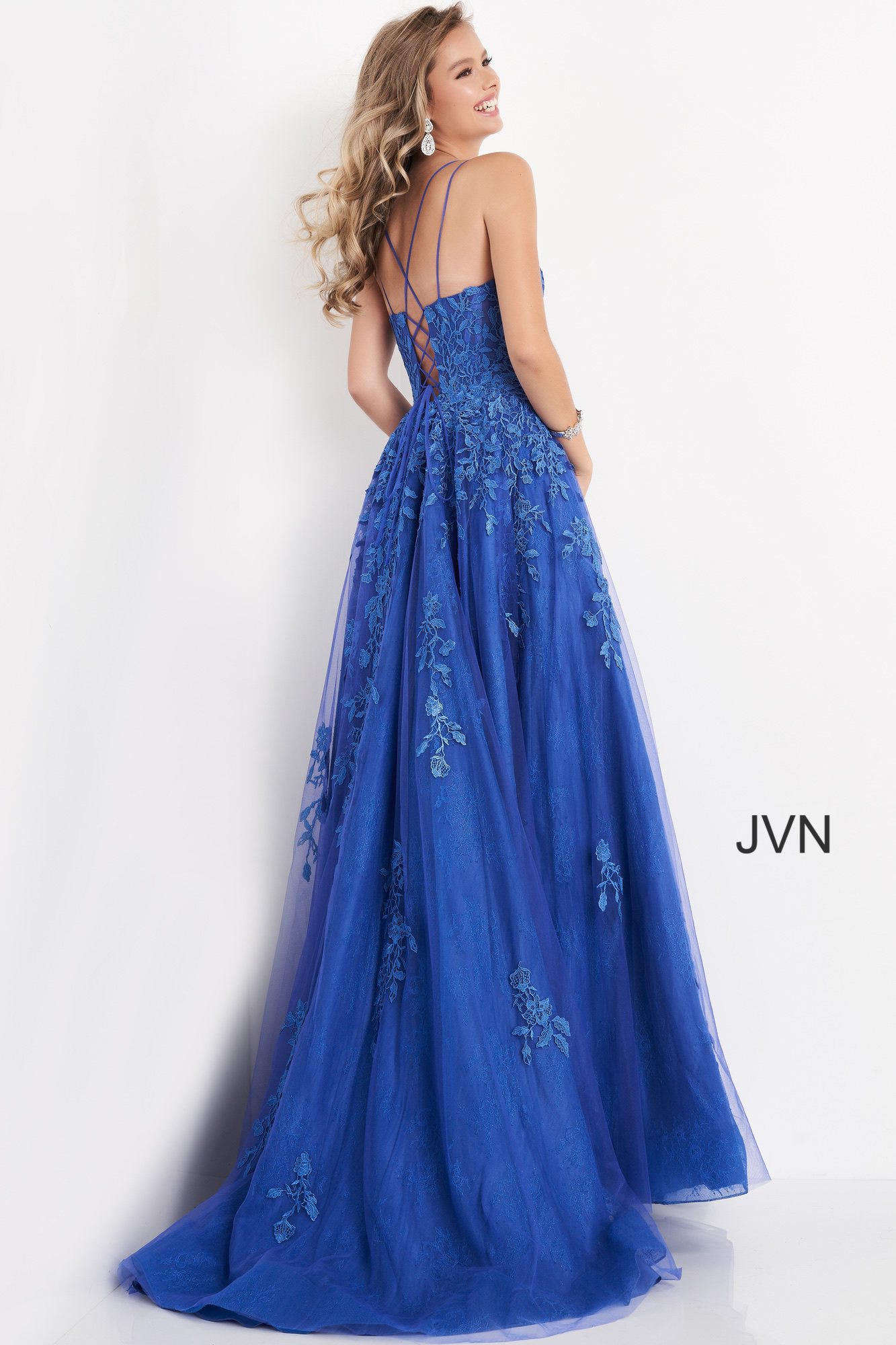 JVN06644 | Royal Tie Back Embroidered Prom Ballgown