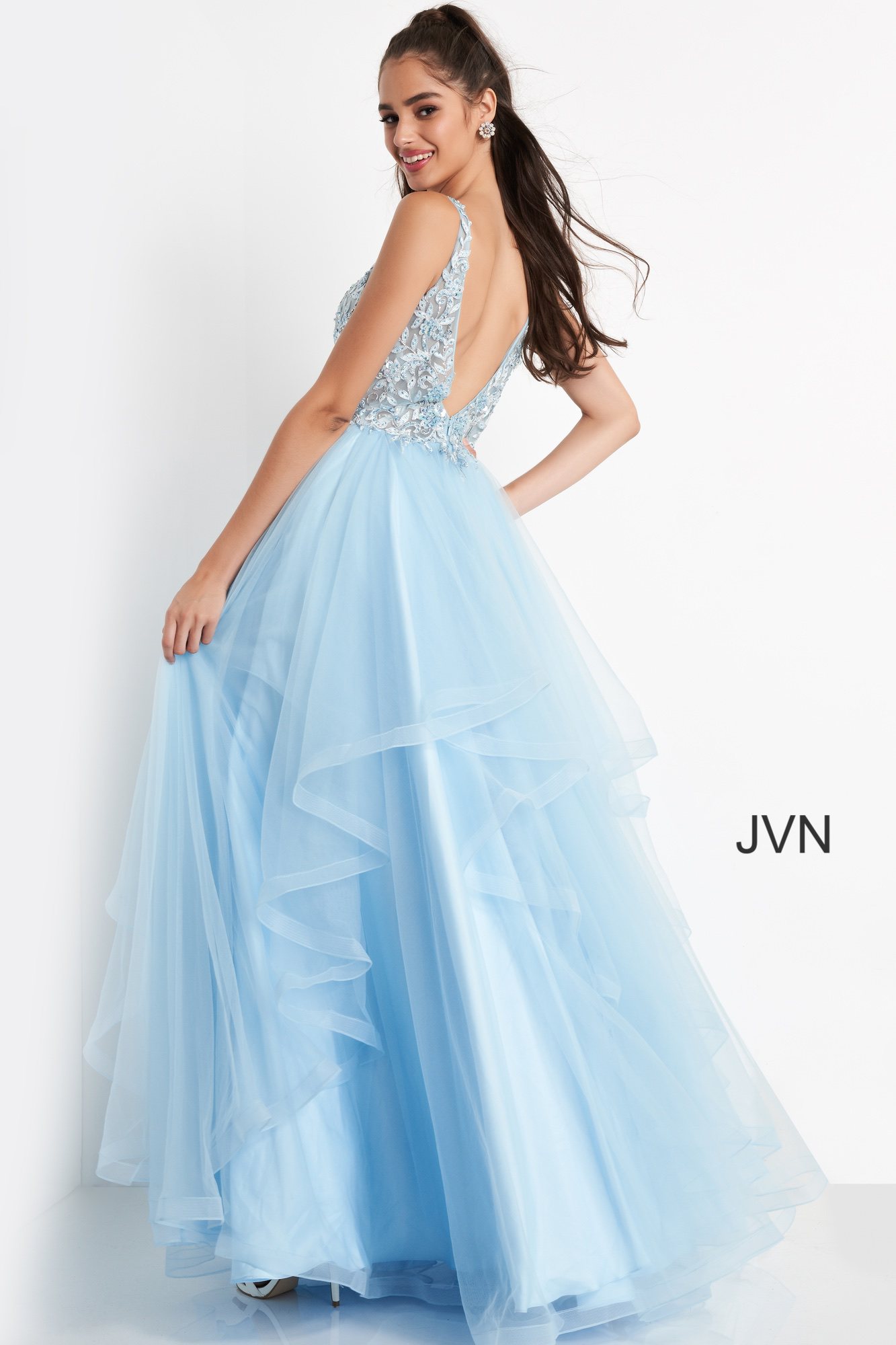 JVN06743 | Sky Blue Embellished Bodice Tulle Prom Gown