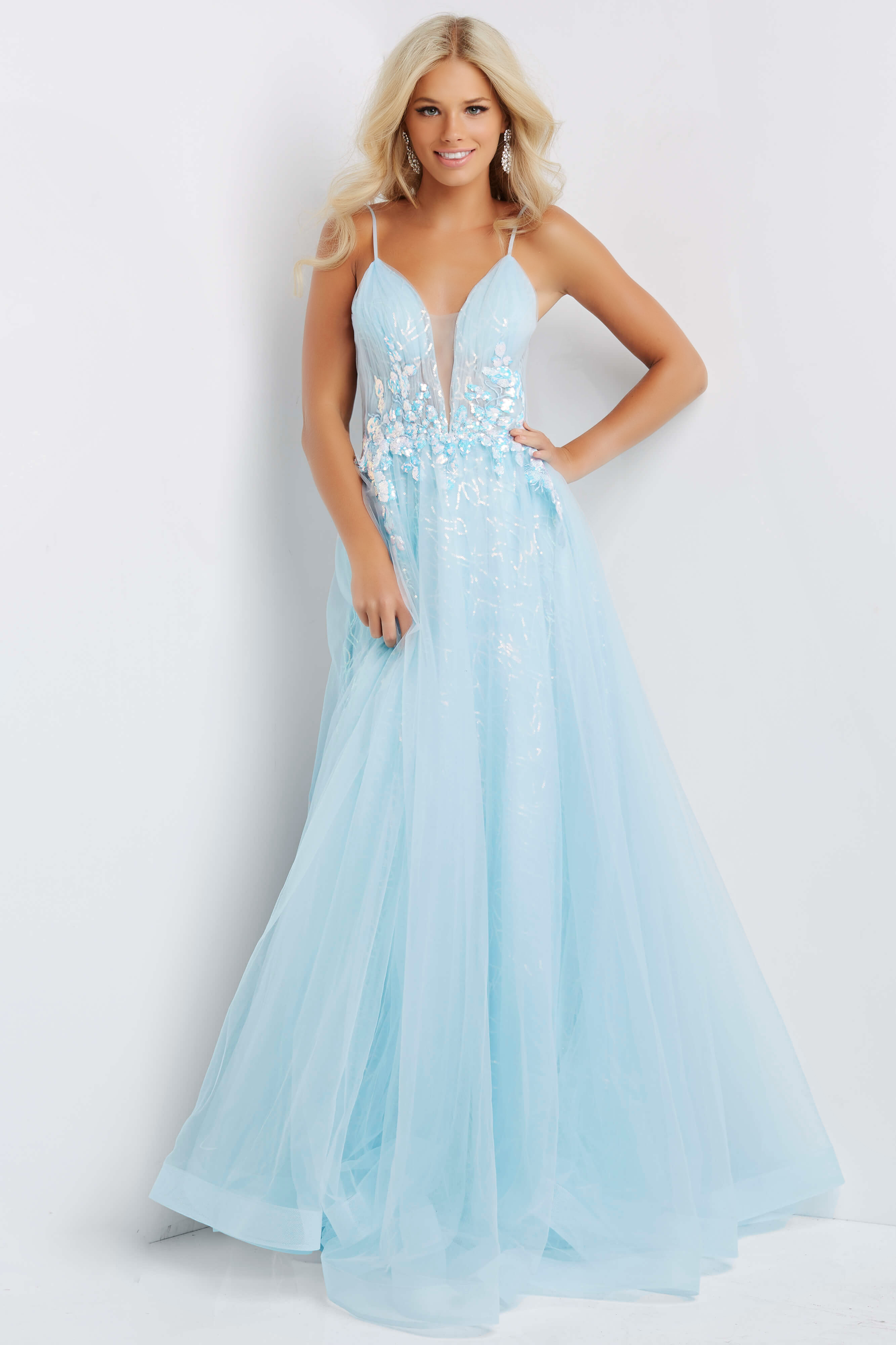 JVN07637 Light Blue Floral Embellished Tulle prom Ballgown