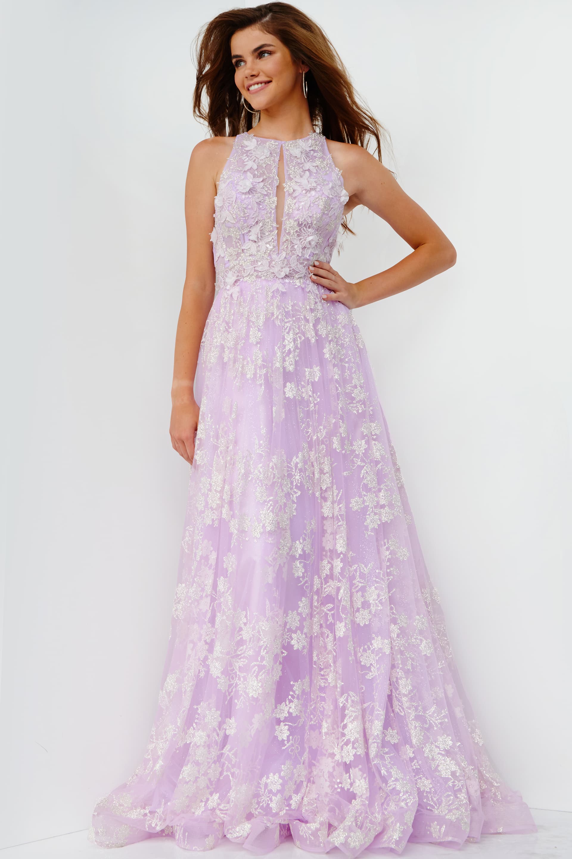 JVN08567 Pink Floral Embellished Sleeveless Maxi Prom Dress