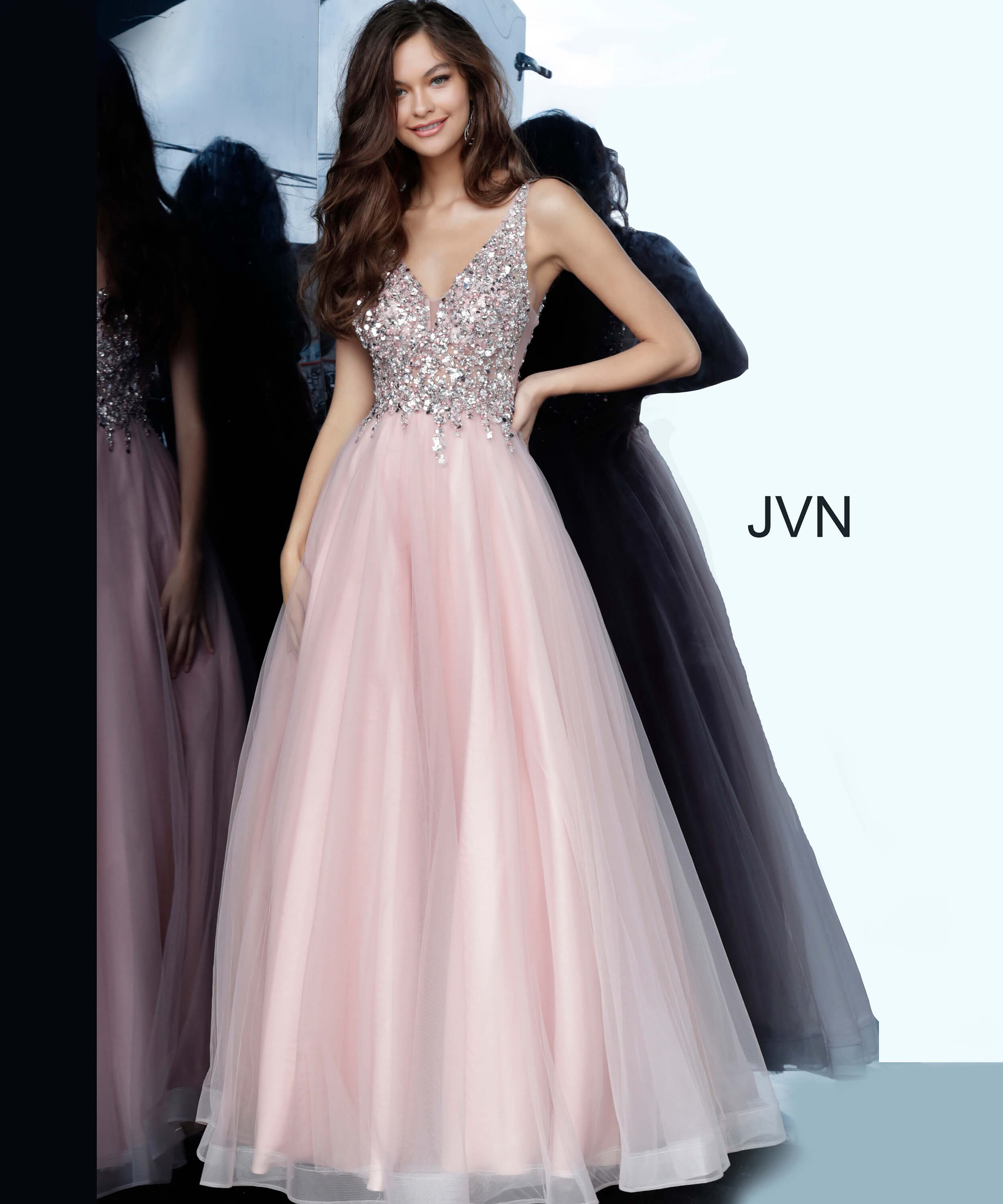 JVN2007 Dress | JVN Blush Beaded Bodice V Neck Ballgown