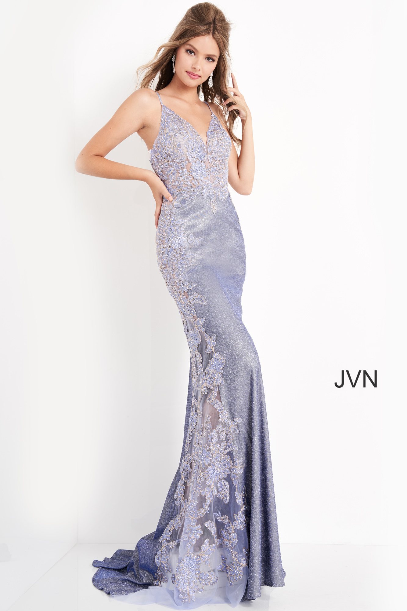 JVN2205 | Nude Sheer Embroidered Bodice Prom Dress