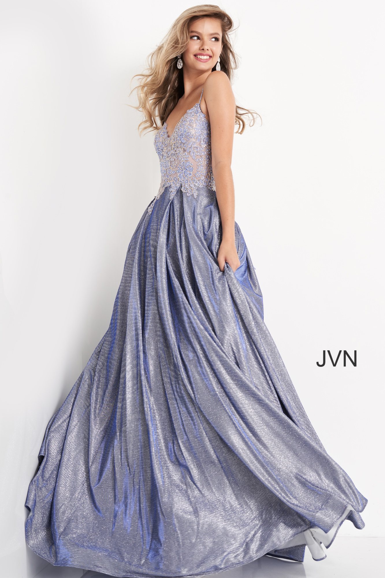 JVN2206 Dress | Nude Embroidered Floral Bodice Prom Ballgown