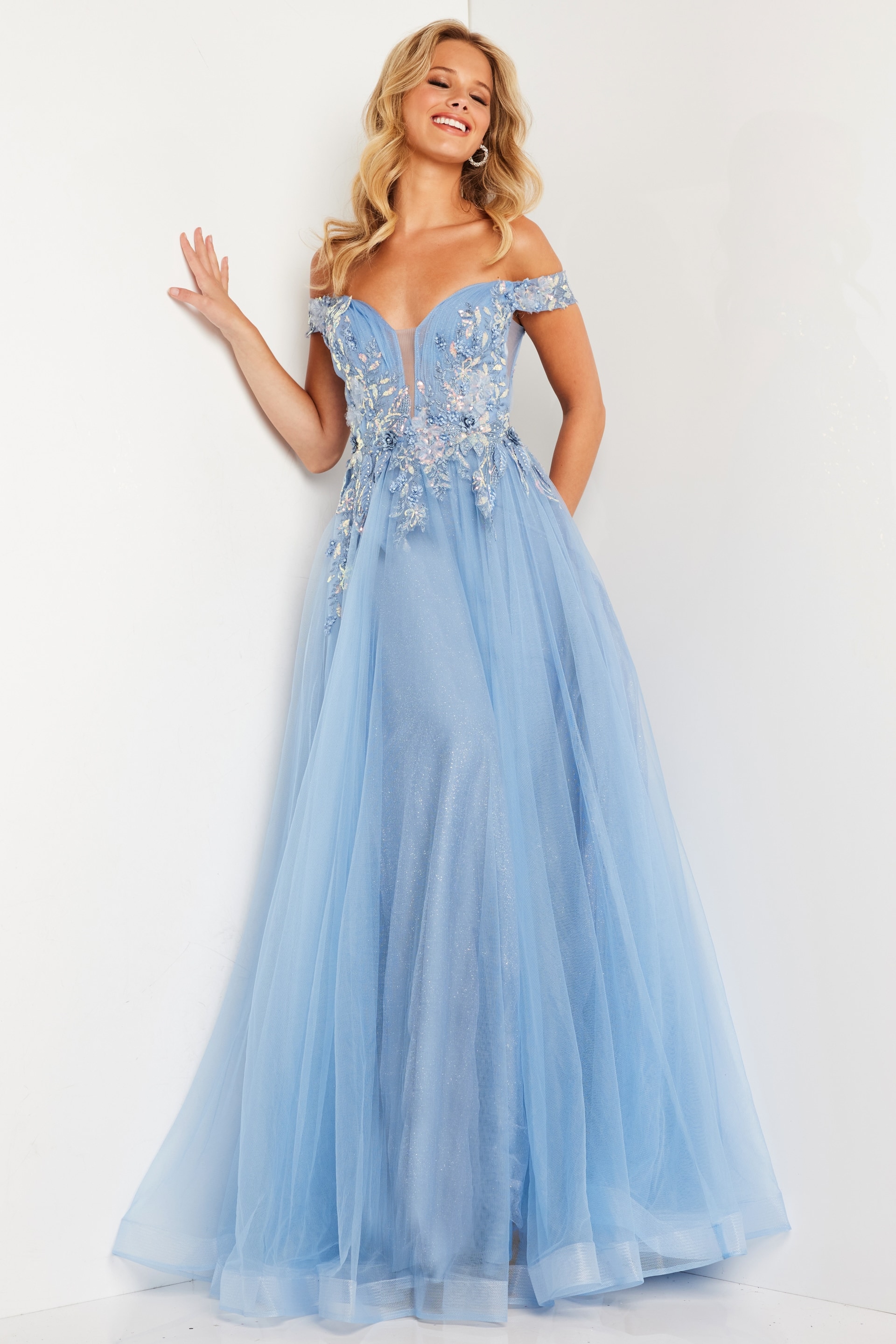 JVN23698 Sky Blue Tulle Plunging Neck Gown