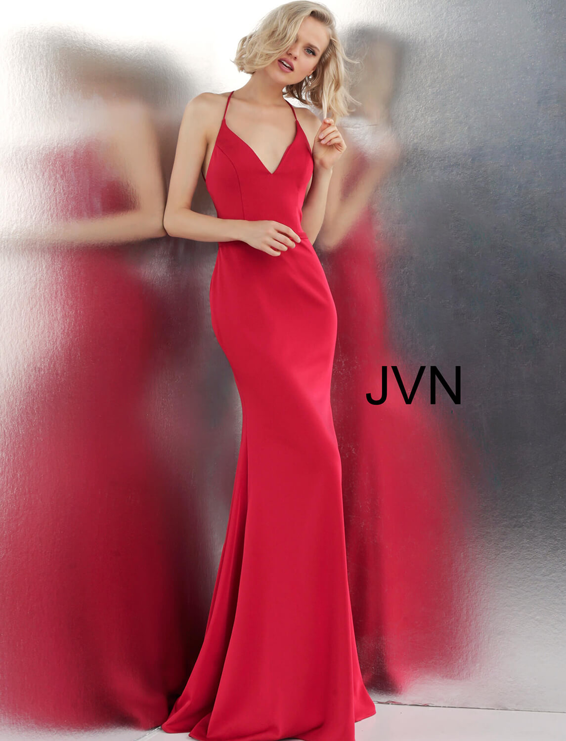 JVN55642 Dress | Ruby Red Simple V Neck Cross Open Back Prom Dress
