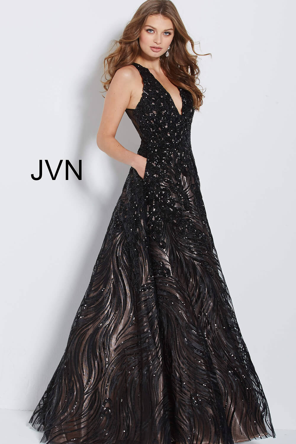 JVN60641 Dress |Navy and Nude Embellished Long Prom Ballgown