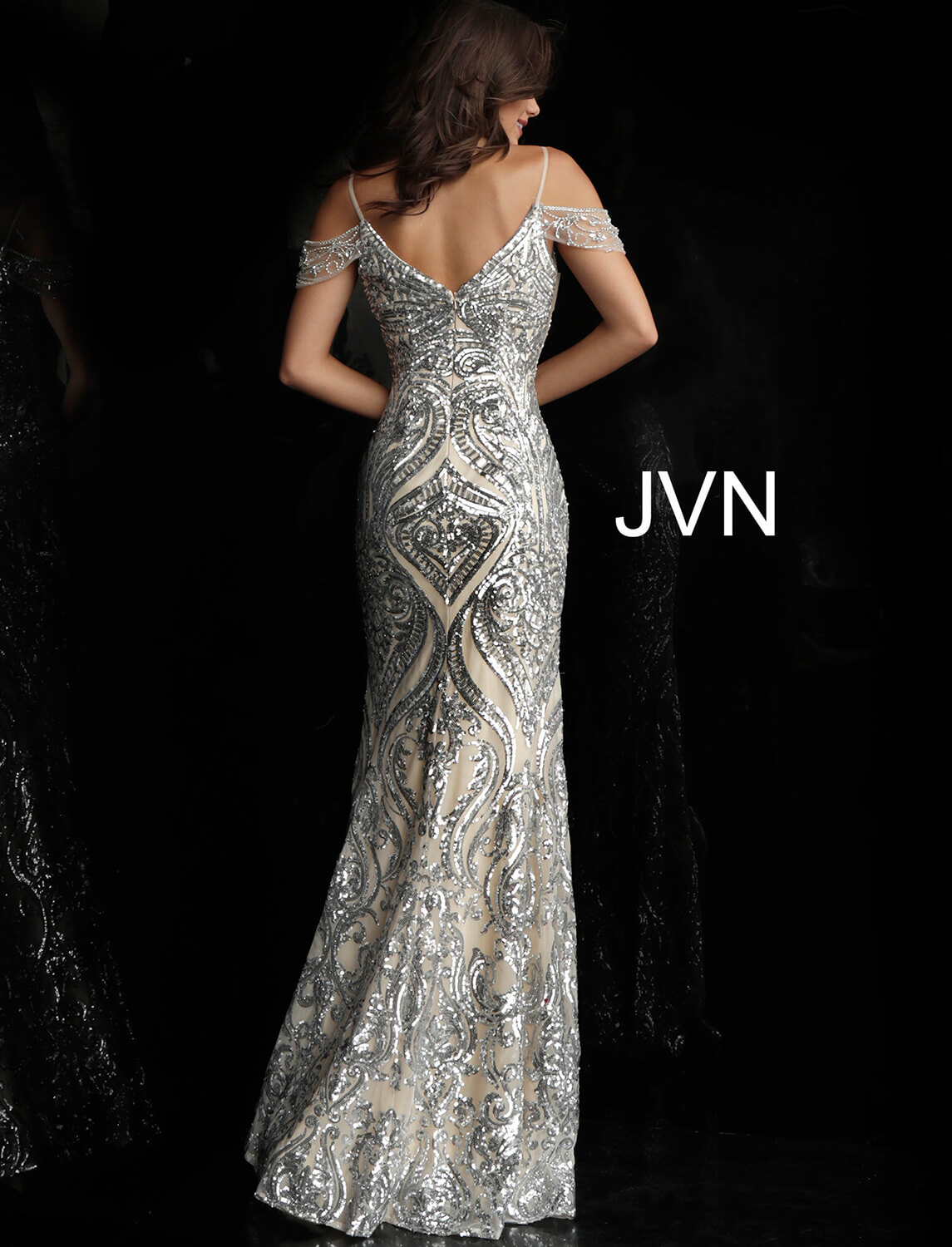 off shoulder silver sequin dress