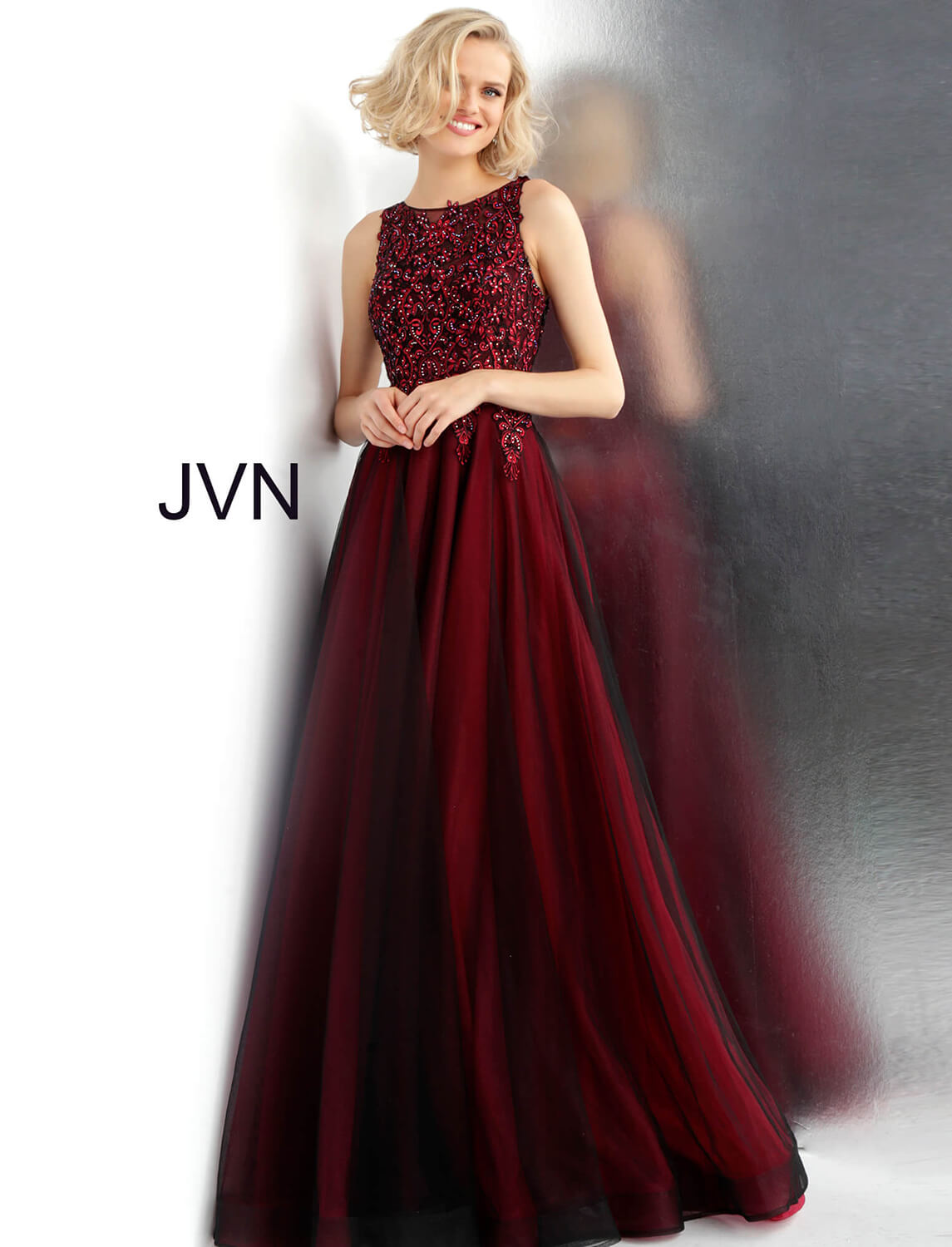 JVN67782 Dress | Wine and Black Sheer Jewel Neck Sleeveless Prom Ballgown