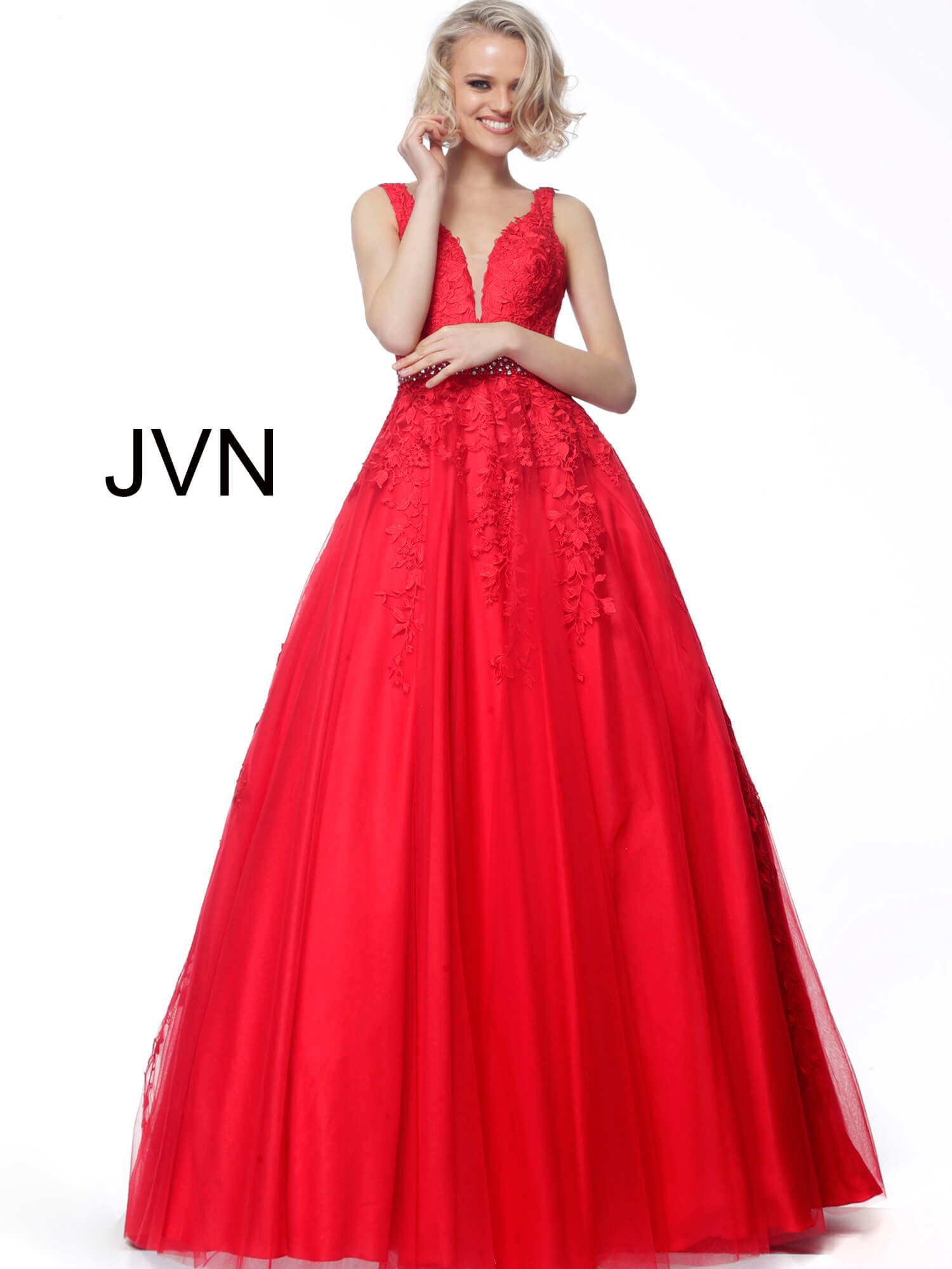JVN68258 Dress | Red long beaded belt floral lace sleeveless prom ballgown