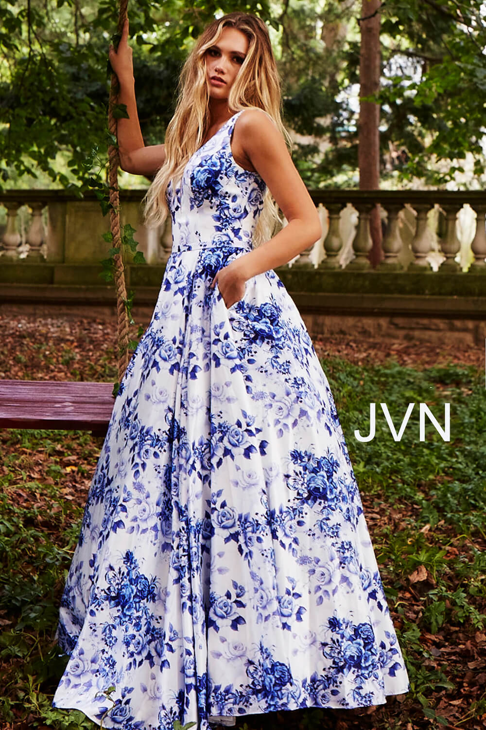 blue and white floral dress