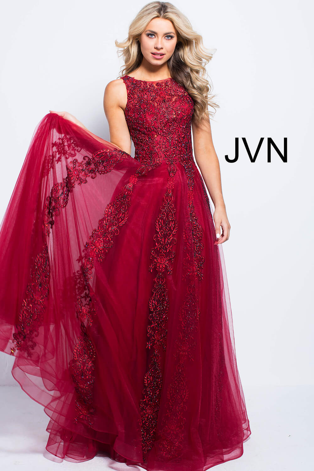 JVN59046 Dress | Royal long A line Embroidered sleeveless Dress