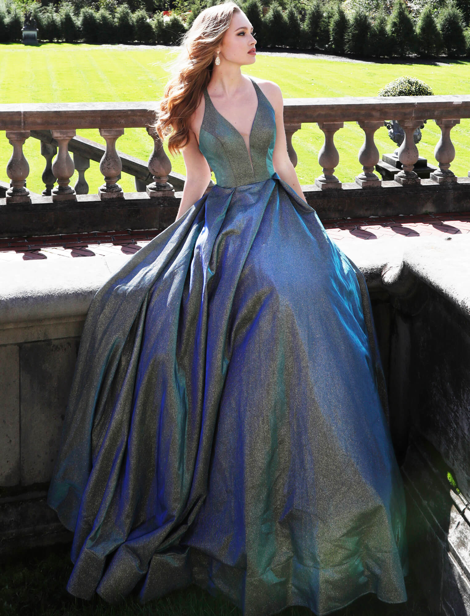 Metallic Glitter Blue and Green Prom Gown