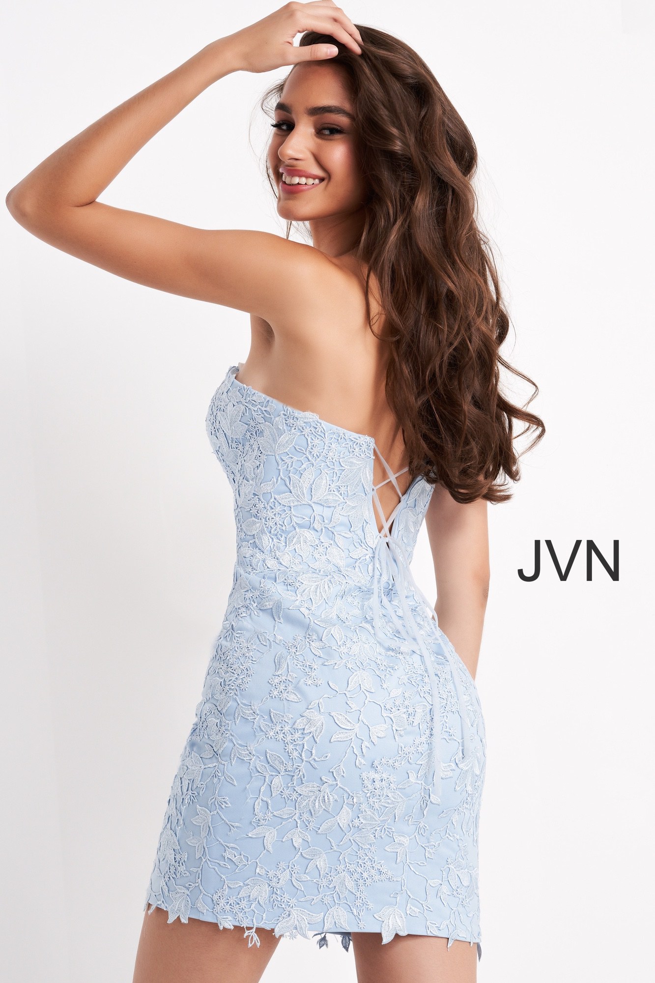 JVN04034 | Light Blue Short Fitted Lace Homecoming Dress