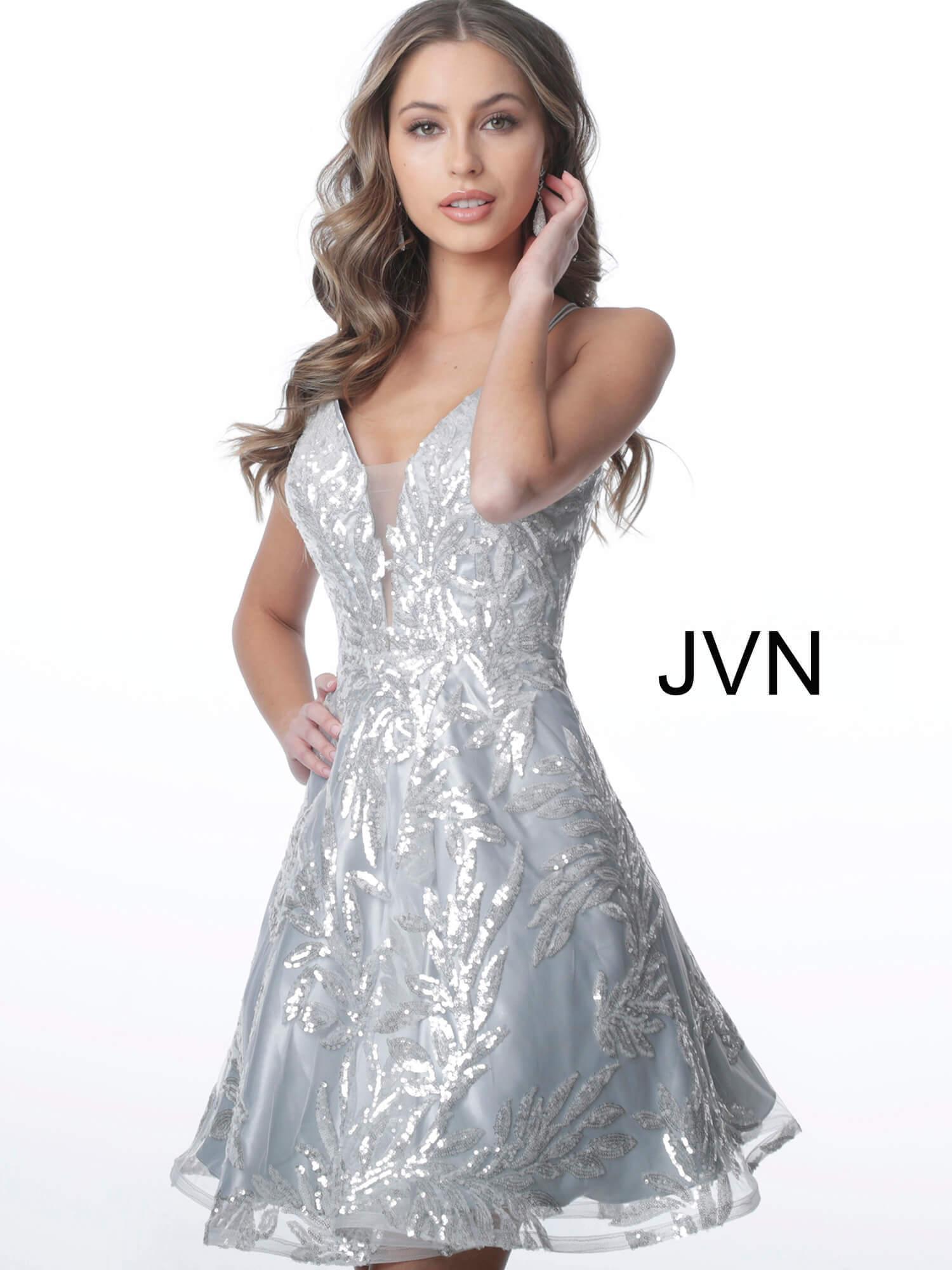 JVN2451 Dress | Silver short fit and flare sequin cocktail dress
