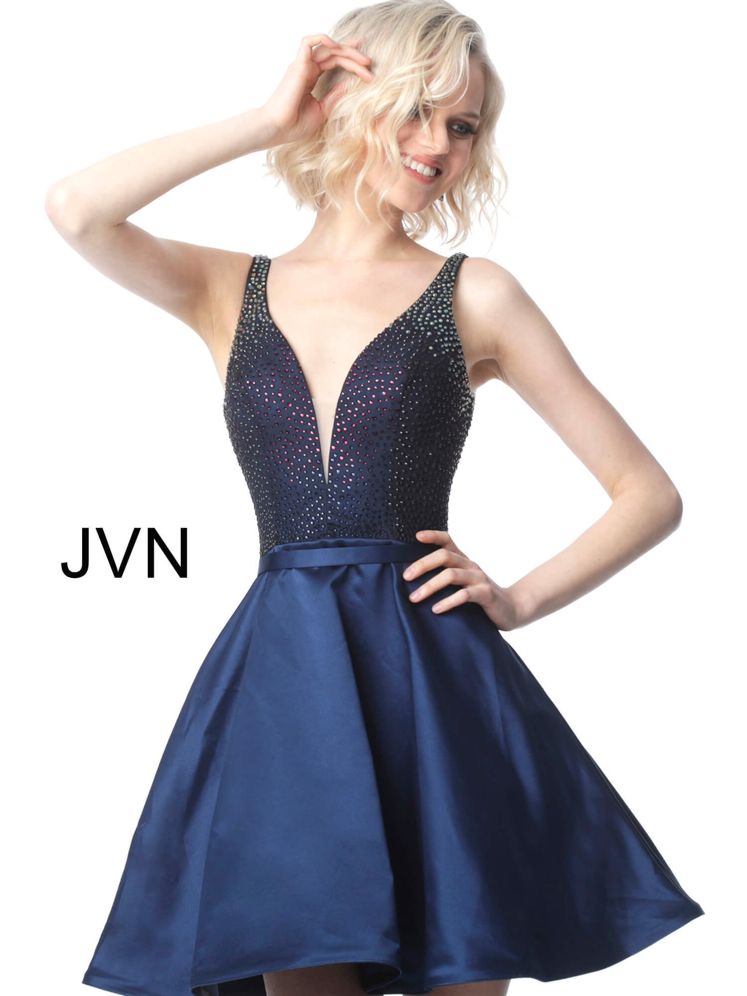 navy blue fit and flare cocktail dress