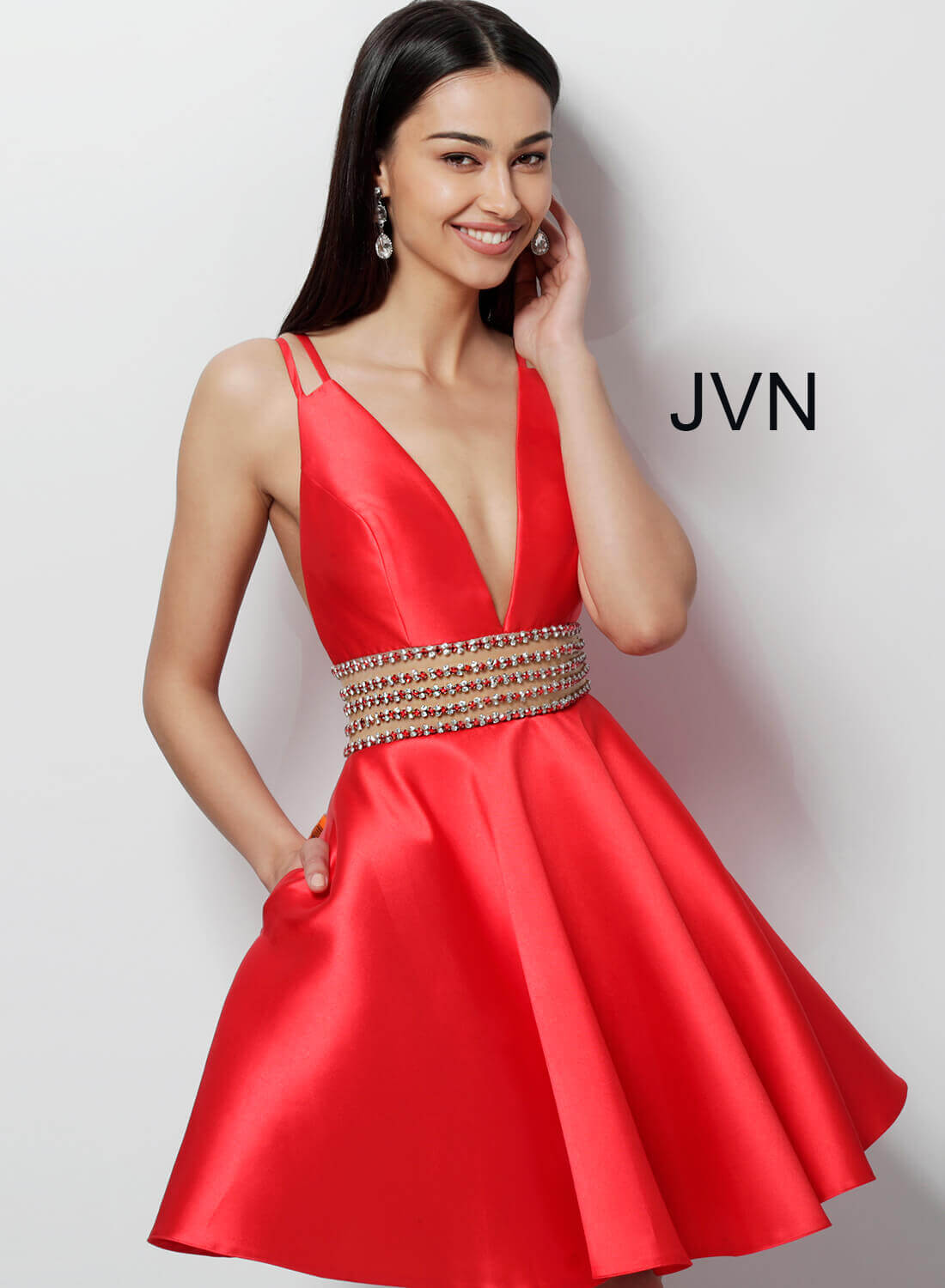 JVN62285 Dress | Red short fit and flare beaded waist low V neck dress
