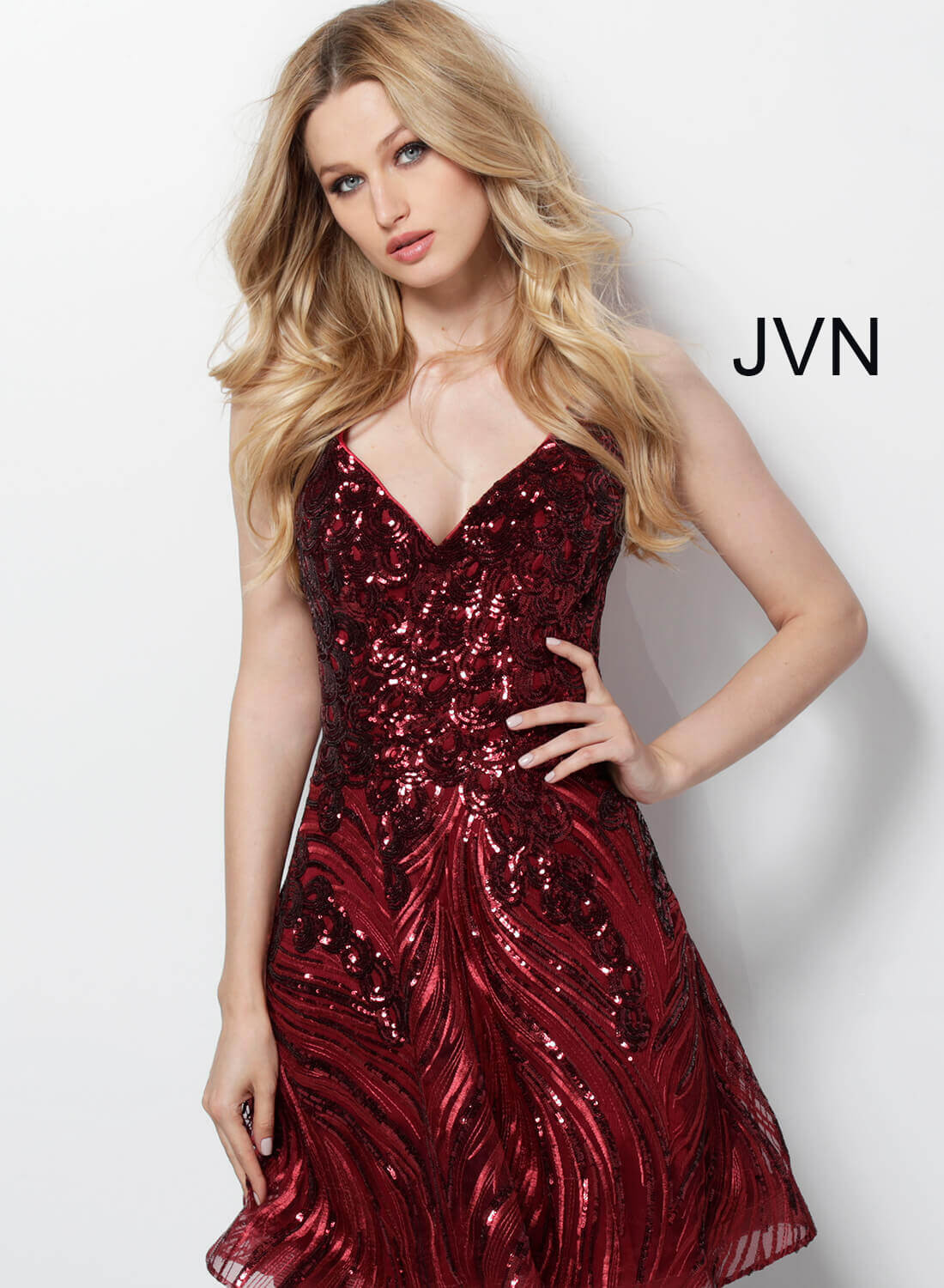JVN65805 Dress | Burgundy short fit and flare beaded party dress