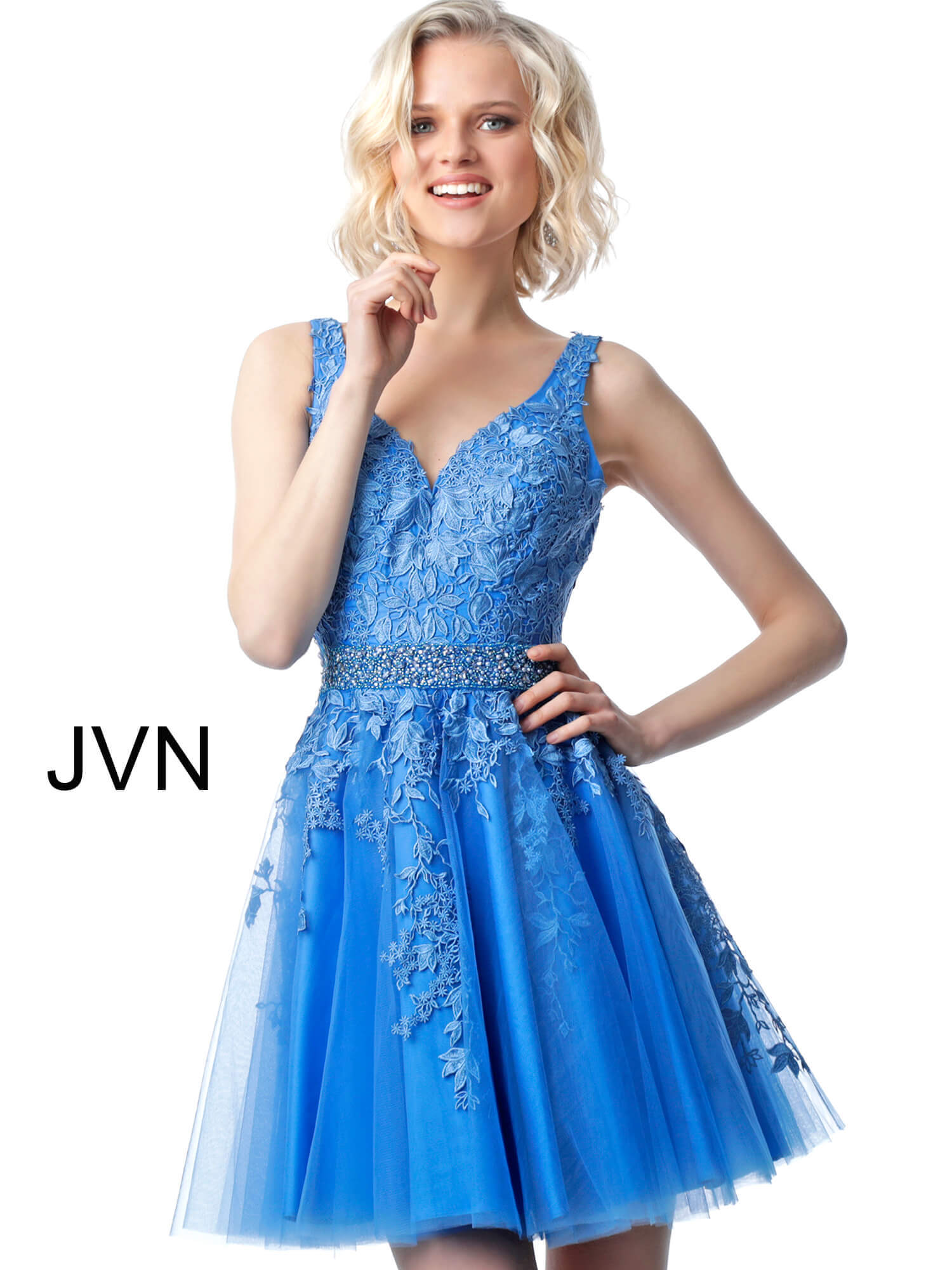 JVN68267 Dress | Blue short fit and flare floral lace hoco dress